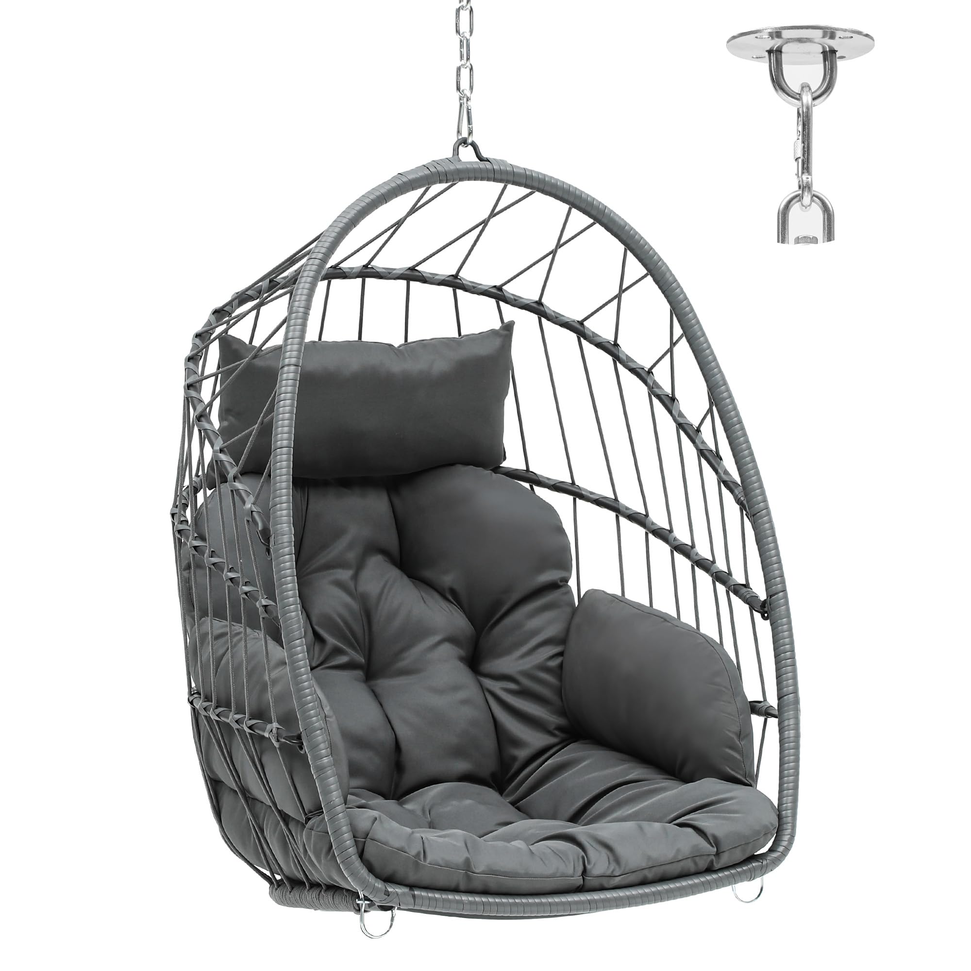 YITAHOME Silla Columpio Carga Máx. 150kg Silla Colgante de Forma Huevo con 2 Cojines, Estructura de Mimbre Resistente, 74x72x105cm Silla Colgante con Cadena y Gancho para Patio, Jardín, Interior, Gris