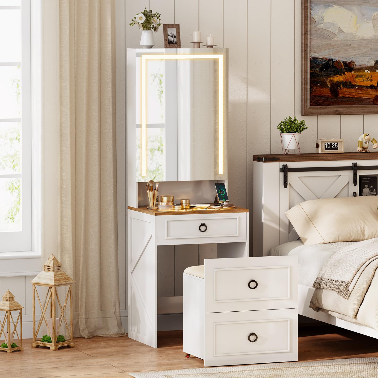 MDGC Makeup Vanity Desk with Mirror and Lights,Small Vanity Desk Set with Charging Station & Glass Top,Compact Dressing Table with Jewelry Cabinet & Storage Wheel Stool for Bedroom, White