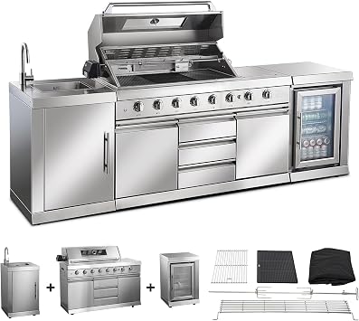 BODEGACOOLER Outdoor Kitchen Island with 6-Burner 97,000 BTU Propane Grill, Stainless Steel BBQ with Built-in Refrigerator and Sink for Backyard hosting, Patio Barbecue