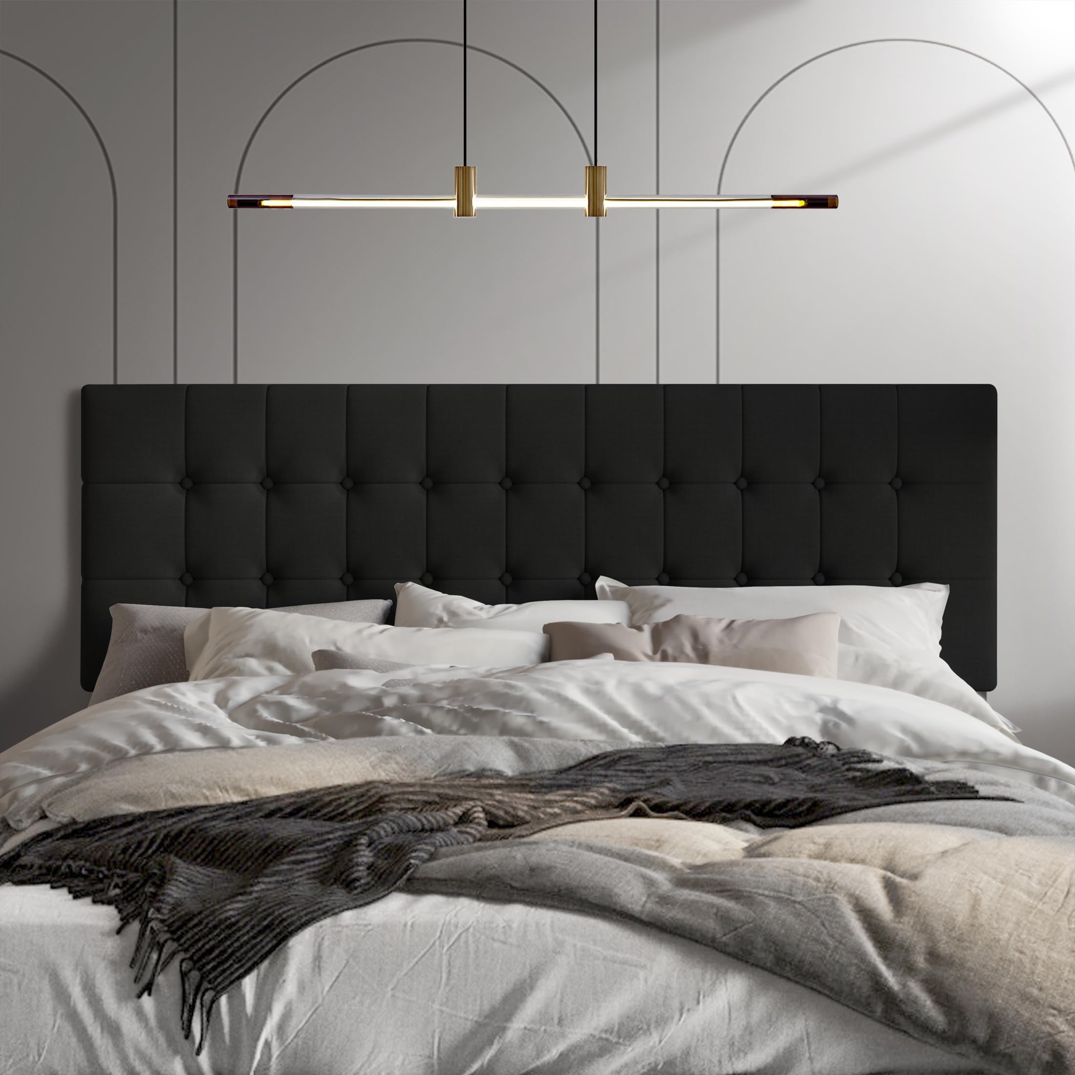 Button Tufted Linen Upholstered Headboard - Black