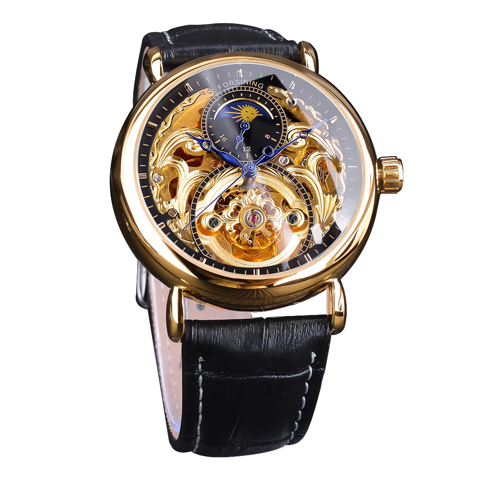 FORSINING Orologio da polso da uomo automatico a carica automatica, con cinturino in silicone nero, stile retrò, scheletro, fasi lunari, grande quadrante meccanico