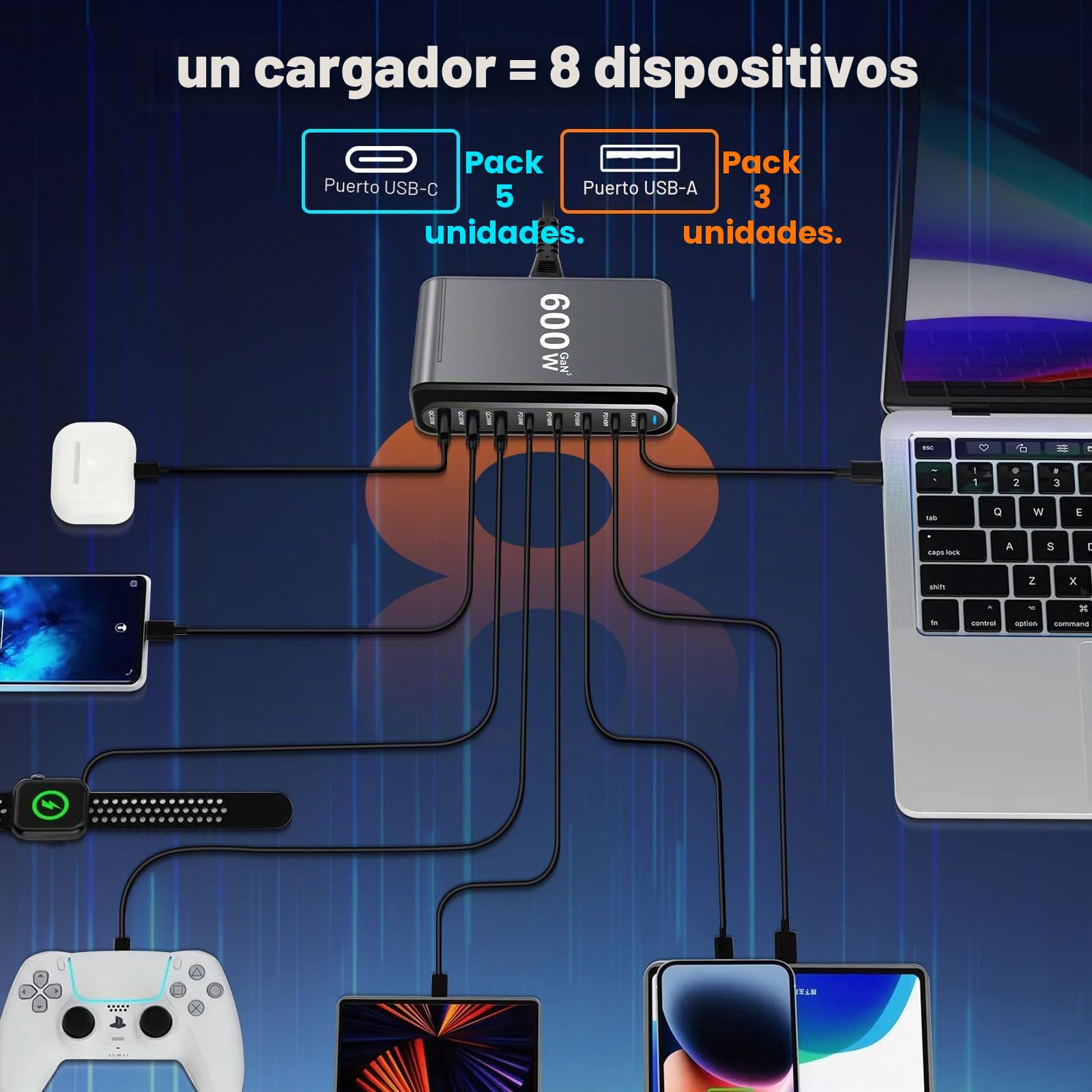 Cargador múltiple USB C de 600W, estación de Carga rápida de 8 Puertos con 6 -C y 2 -A PD PPS Cargador de 100W para MacBook Pro/Air, iPad Pro/Air, Sumsung etc-Negro