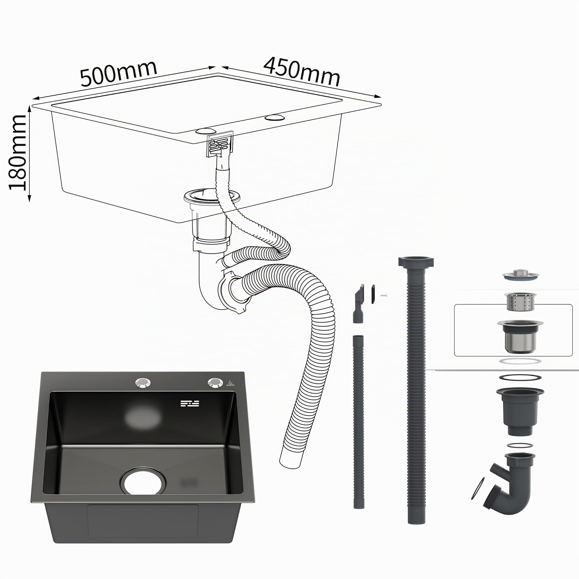 Fregadero de Cocina Negro, Acero Inoxidable 304, 1 Seno, Sobre Encimera, con Orificio Grifo 35 mm y Dispensador (50 x 45 cm)