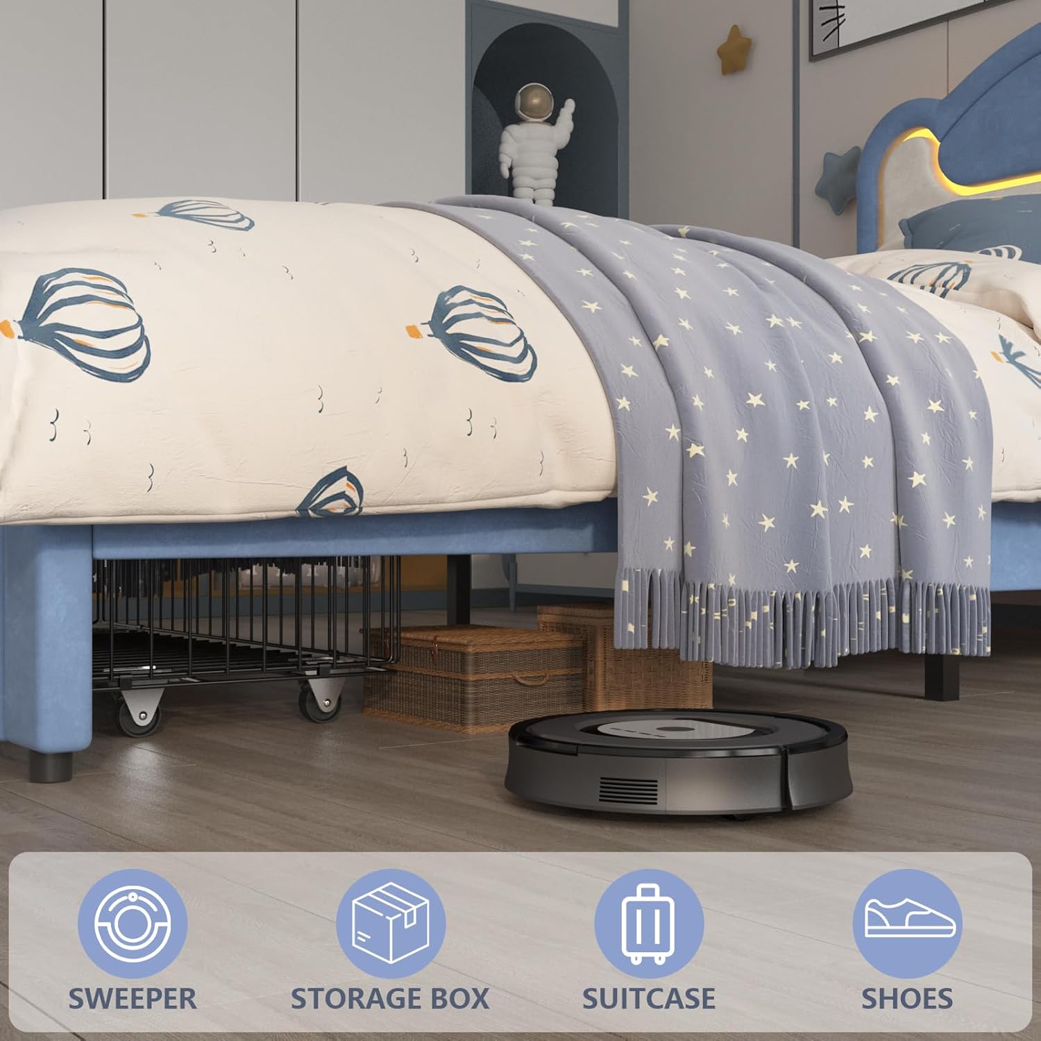 LED Light Upholstered Bed Frame, Twin Size Princess Platform Bed with Storage Drawers and Fabric Headboard, No Box Spring Required – Easy to Install, Noise-Free Design, No Box Spring Needed (Blue)