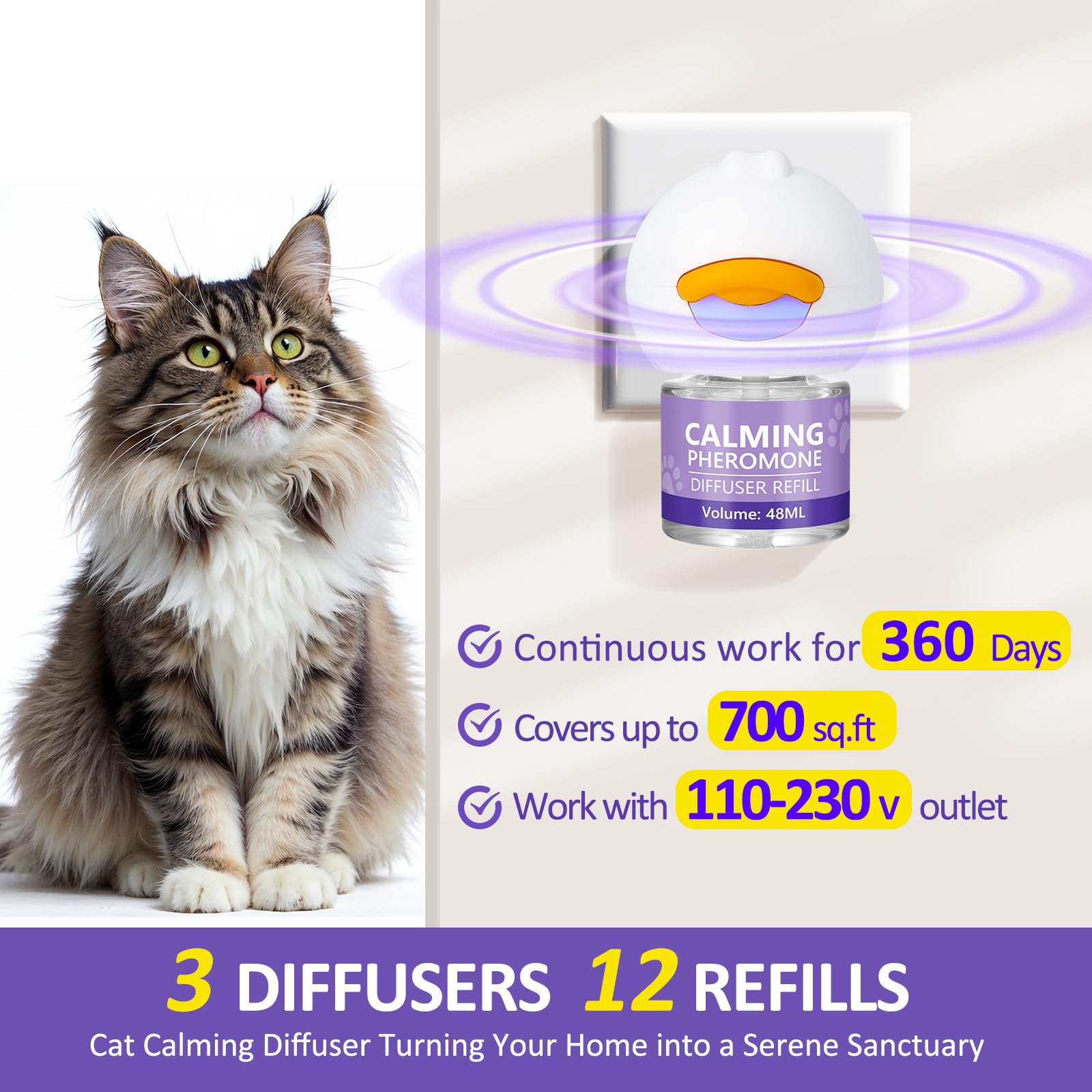 OcePor Cat Calming Diffuser 12 Refill Solutions, 3 Plugs- Cat Pheromones Calming Diffuser Refill, Pheromone Diffuser to Calm Cats, Cat Anxiety Relief - image 6
