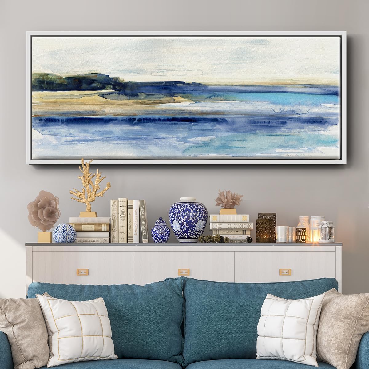 Renditions Gallery Watercolor Waterscape Canvas Wall Decor A Peaceful View of Sea Shore Floater Frame Wall Decor for Bedroom Drawing Room Kitchen - 8"X20" WHITE Frame GAL033