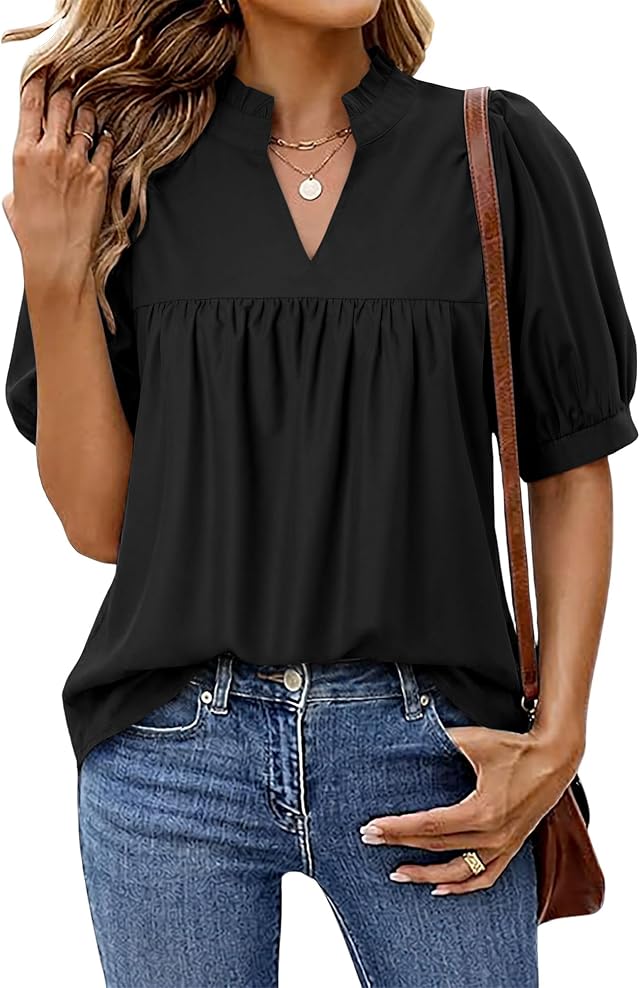 KISSMODA Womens Peplum Tops Babydoll Blouses Puff Sleeve Pleated Shirts