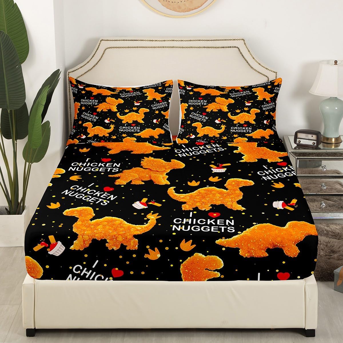 Chicken Nuggets Fitted Sheet Twin Size Kids Cute Dino Bedding Set for Boys Teens Dinosaur Bed Sheet Set Fried Food Print Bed Cover Room Decor