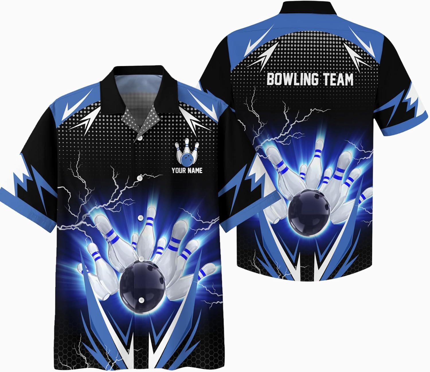 Customize Bowling Hawaii 3D Button Up Shirt with Dark Blue Bowling Theme and Lightning Pattern Graphic On it for Bowling Team