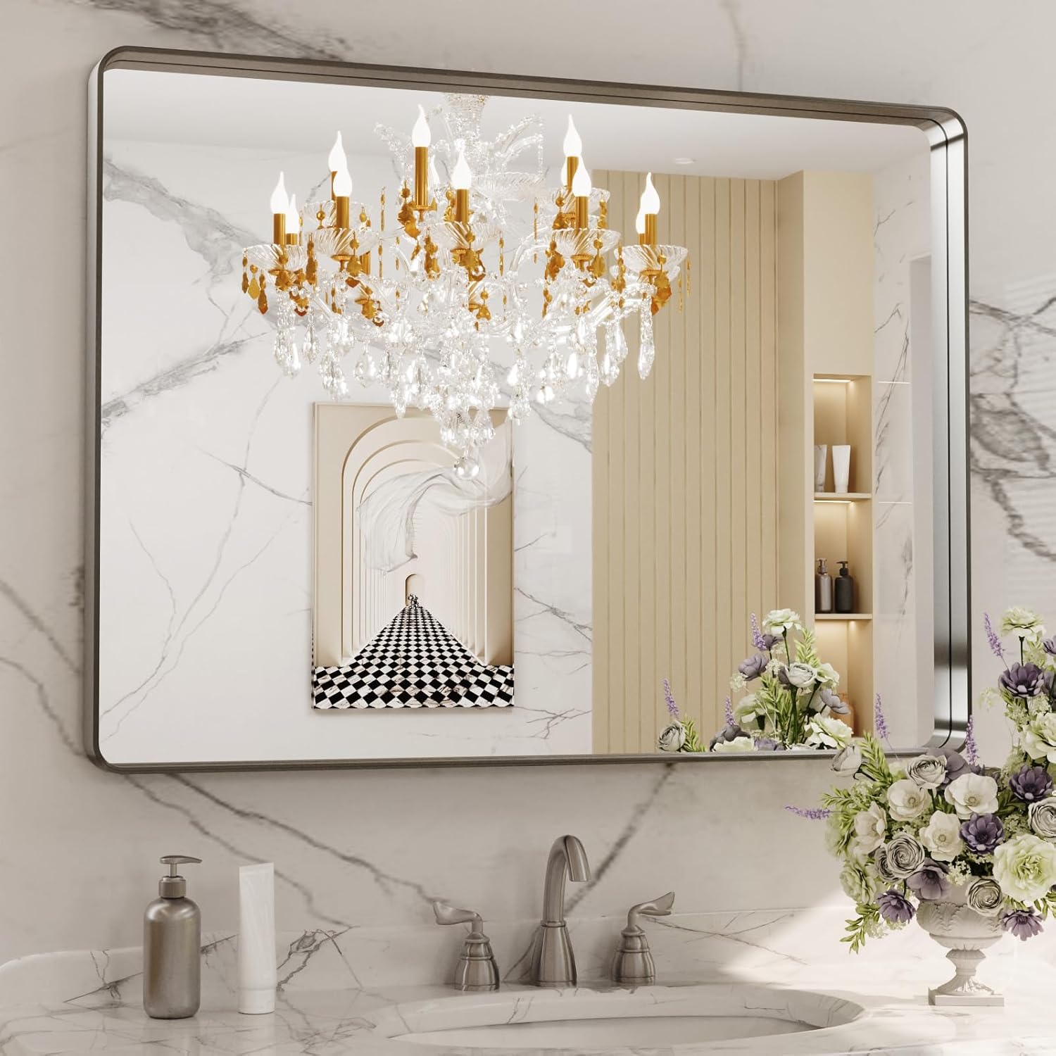 LOAAO 40X32 Inch Brushed Nickel Bathroom Mirror, Rounded Rectangle Silver Metal Frame Mirror, Brushed Nickel, Anti-Rust, Shatter Proof, Hangs Horizontally or Vertically Brushed Nickel 40"L x 32"W