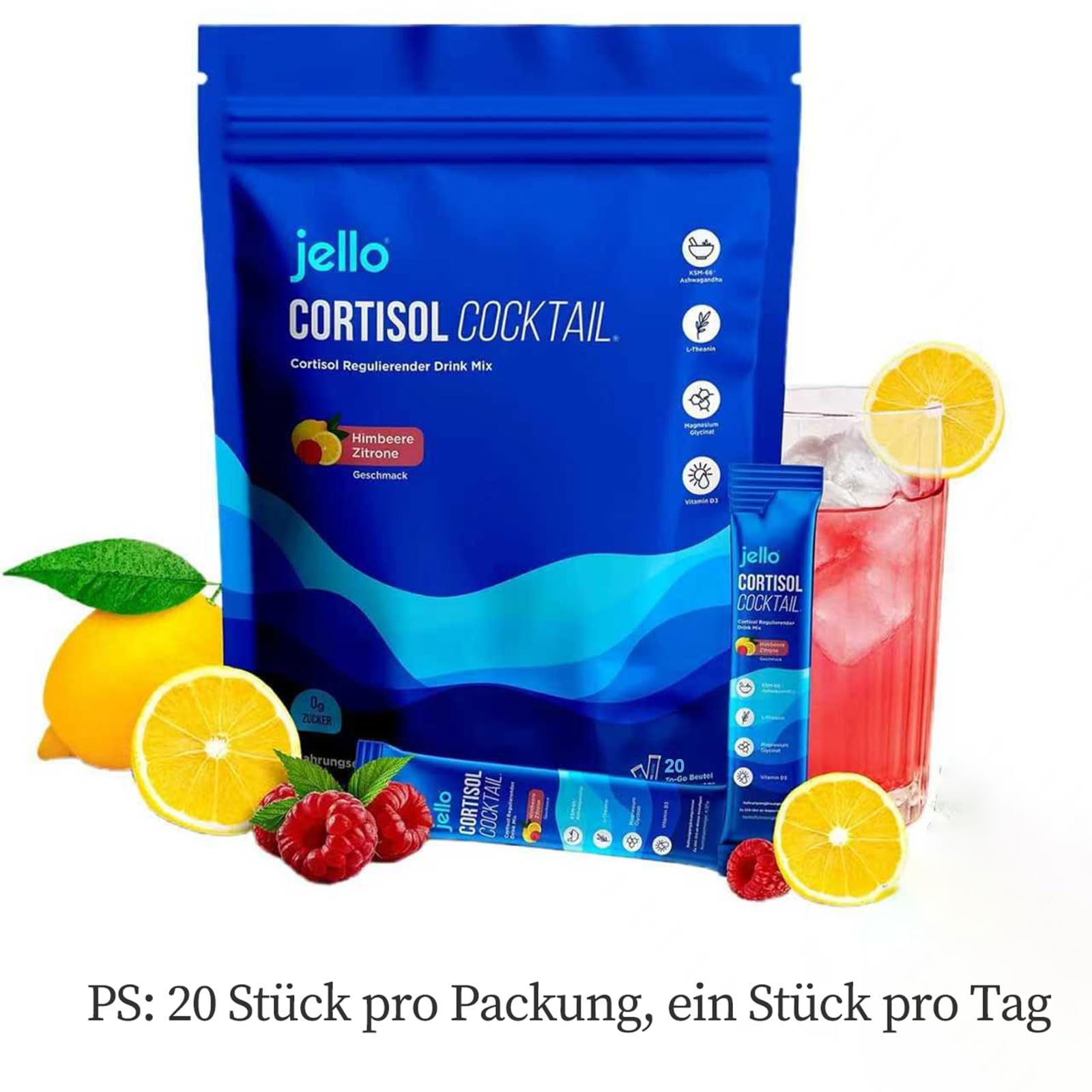 Jello Cortisol Cocktail Pulver, 20 Stück Cortisol Senken Pulver zum Abnehmen, Supercalm Cortisol Pulvers, Konzentration Steigern, Entspannt Bleiben & Stress Natürlich Reduzieren (2)