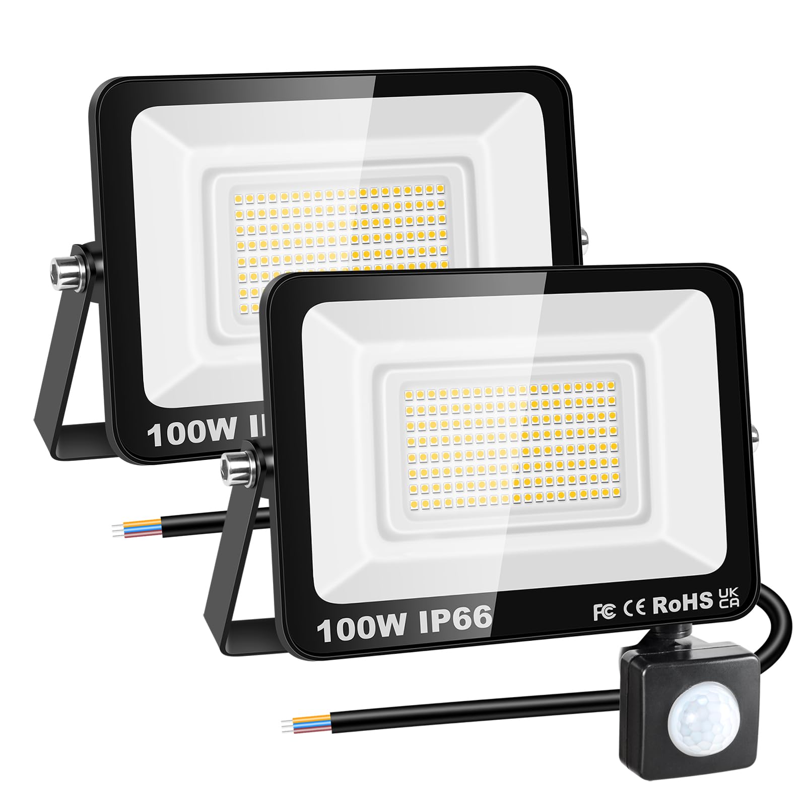 RIGIDON 2x 100W 10000lm focos led exterior con sensor movimiento PIR, 3000K | sin enchufe, blanco cálido, foco proyector, IP66 impermeable, seguridad, floodlight, para patio jardín garaje caminos entrada