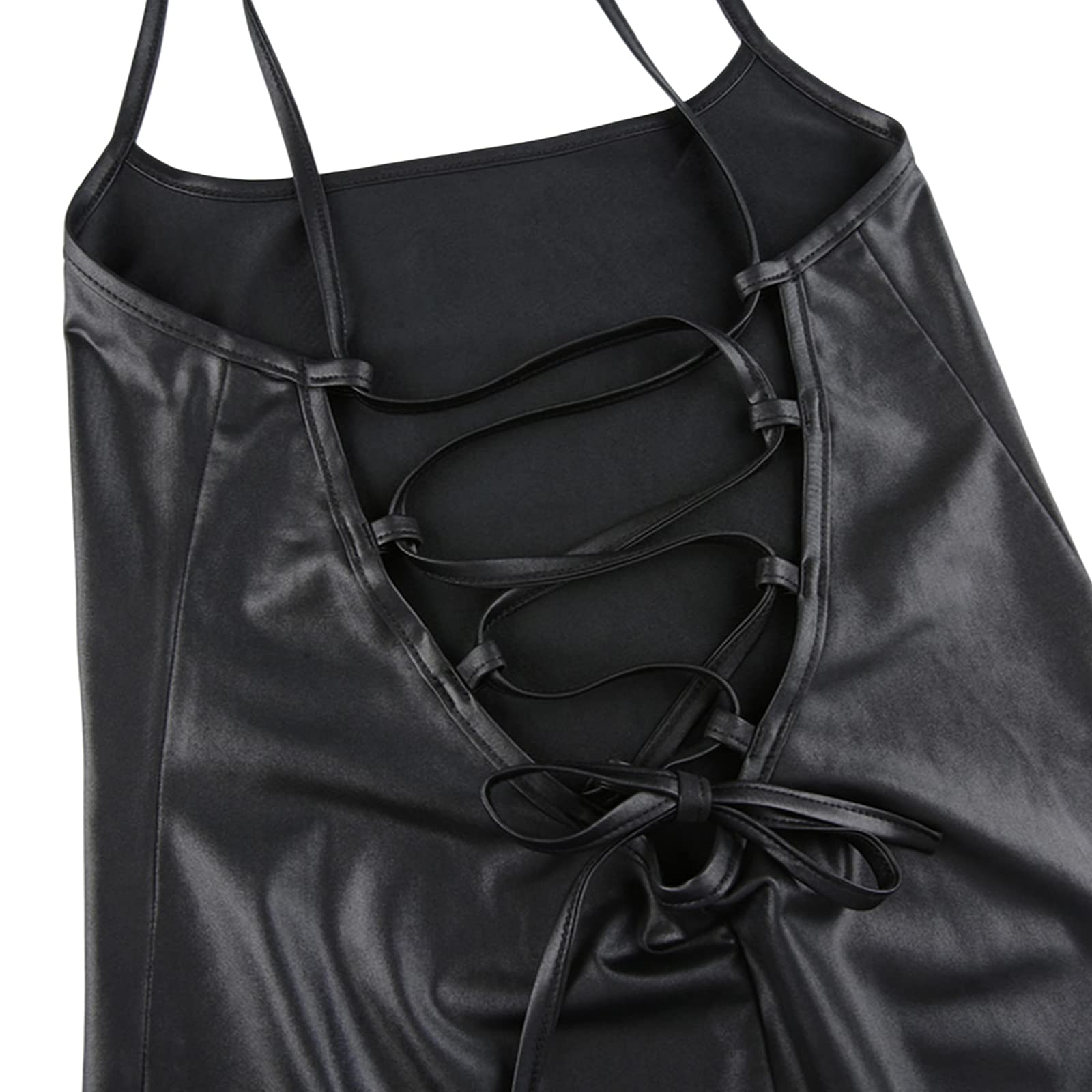 Women Faux Leather Dress Sleeveless Backless Bandage Bodycon Split Midi Dresses Party Cocktail: Large Black