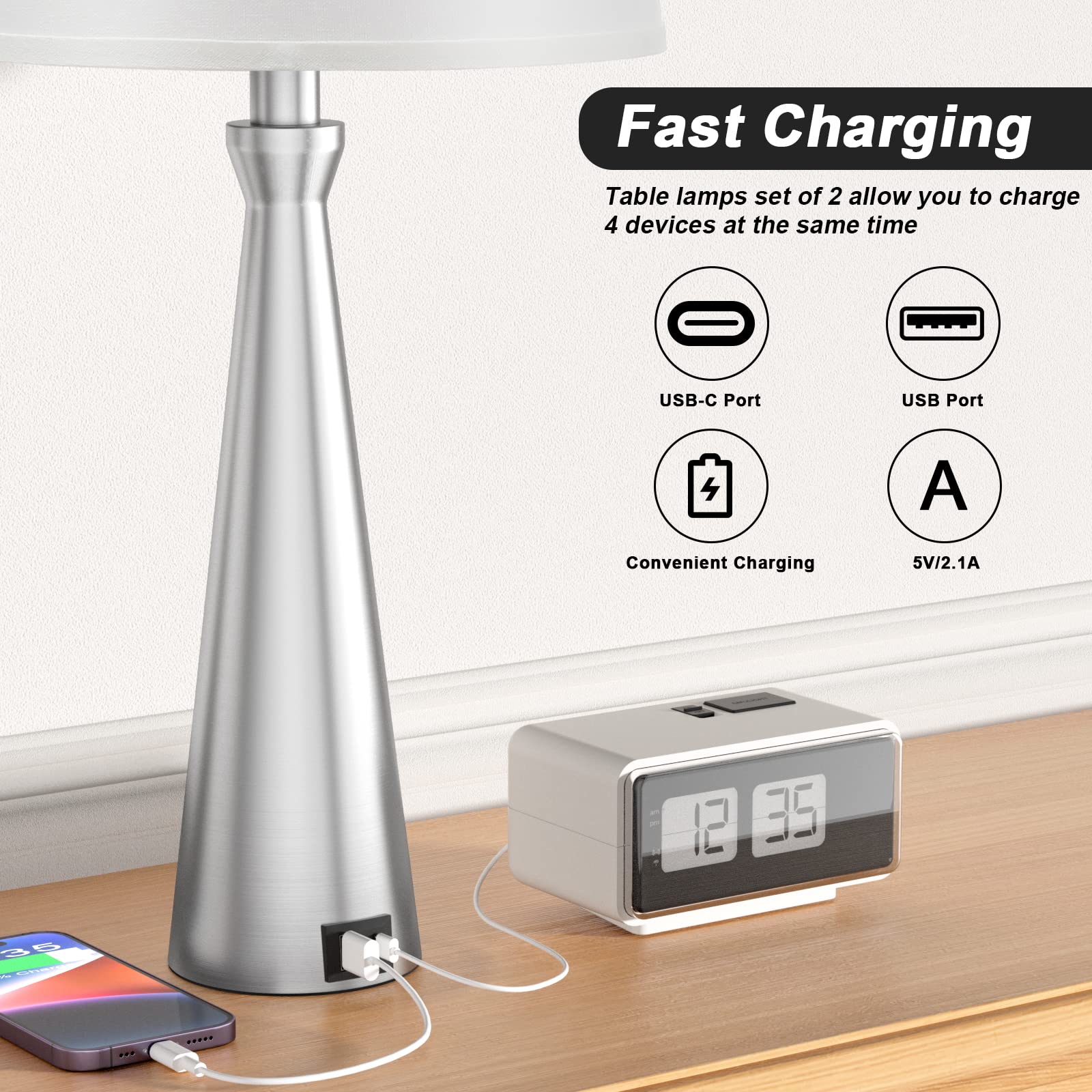 Table Lamps for Living Room Set of 2 - Nightstand Bedroom Lamp with USB C USB-A Charging Port White, Dimmable Bedside Touch Lamp for Master Bedroom, Large End Side Table Lamp for Guest/Dinning/Room