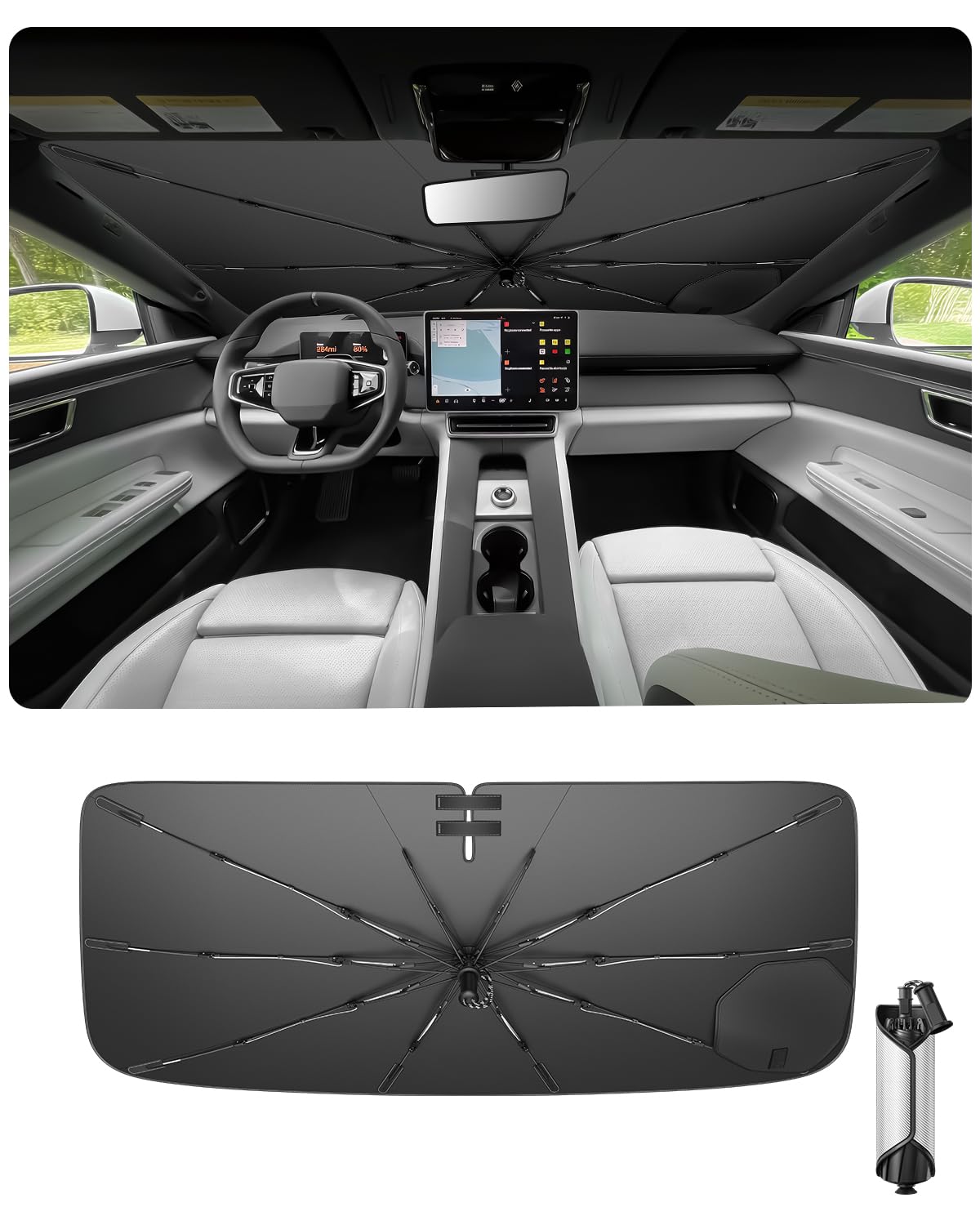 Ruiya 2026 Upgrade Parasol Coche Delantero Compatible con Polestar 3 | Polestar 4 2025 2026 2027, Paraguas Plegable Aislamiento Térmico, Protección UV, Accesorios para Parabrisas