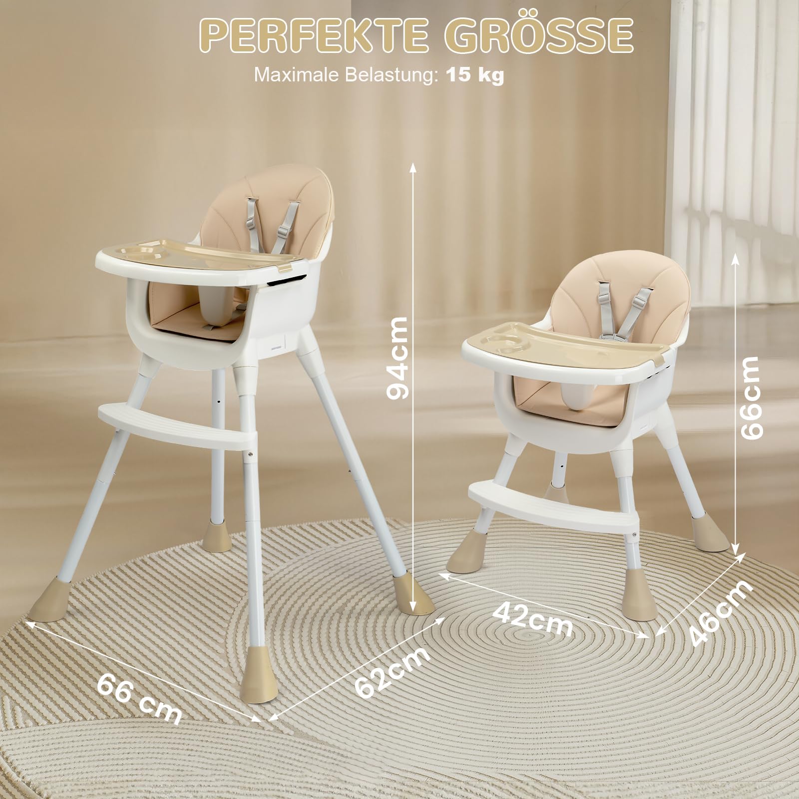 LEADZM 3 en 1 Chaise Haute Bébé, Tabouret bas Variable, Double Plateau Amovible, avec Ceinture de Sécurité à 5 Points, Charge Maximale 15 kg, Convient aux Bébés de 6 à 36 Mois (Beige)