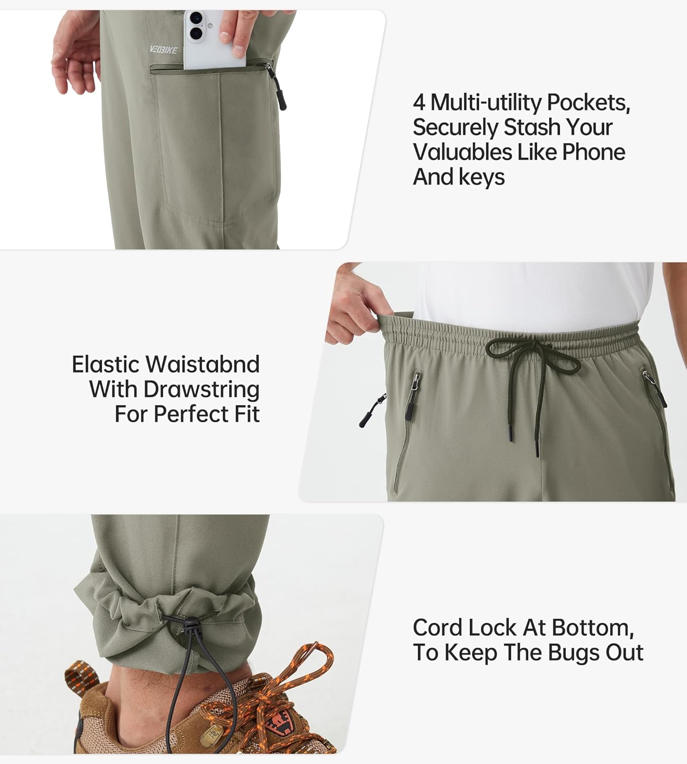 Mens Stretch Hiking Pants Cargo Quick Dry Lightweight Water Resistant Outdoor Fishing Pants Adjustable Bottom Pockets