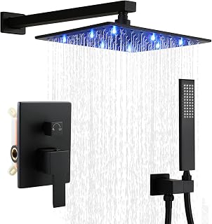 SKOWLL Overhead Rain Shower Kit, Single Handle Shower Faucet with 12 Inch Shower Head Wall Mount Bathroom Shower Faucet Set and Handheld, Black Shower System Trim Kit
