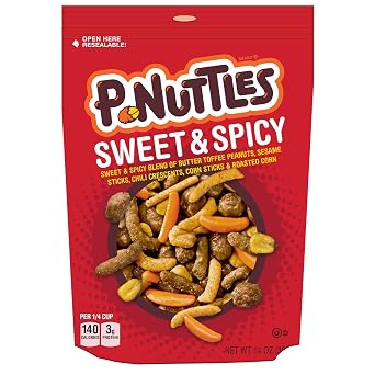 P-Nuttles Sweet & Spicy Snack Mix, 14oz Resealable Bag Pack of 1 - Butter Toffee Covered Peanuts w/ Sesame Sticks, Chili Crescents, Corn Sticks & Roasted Corn - Kosher Certified Sweet & Spicy Snacks