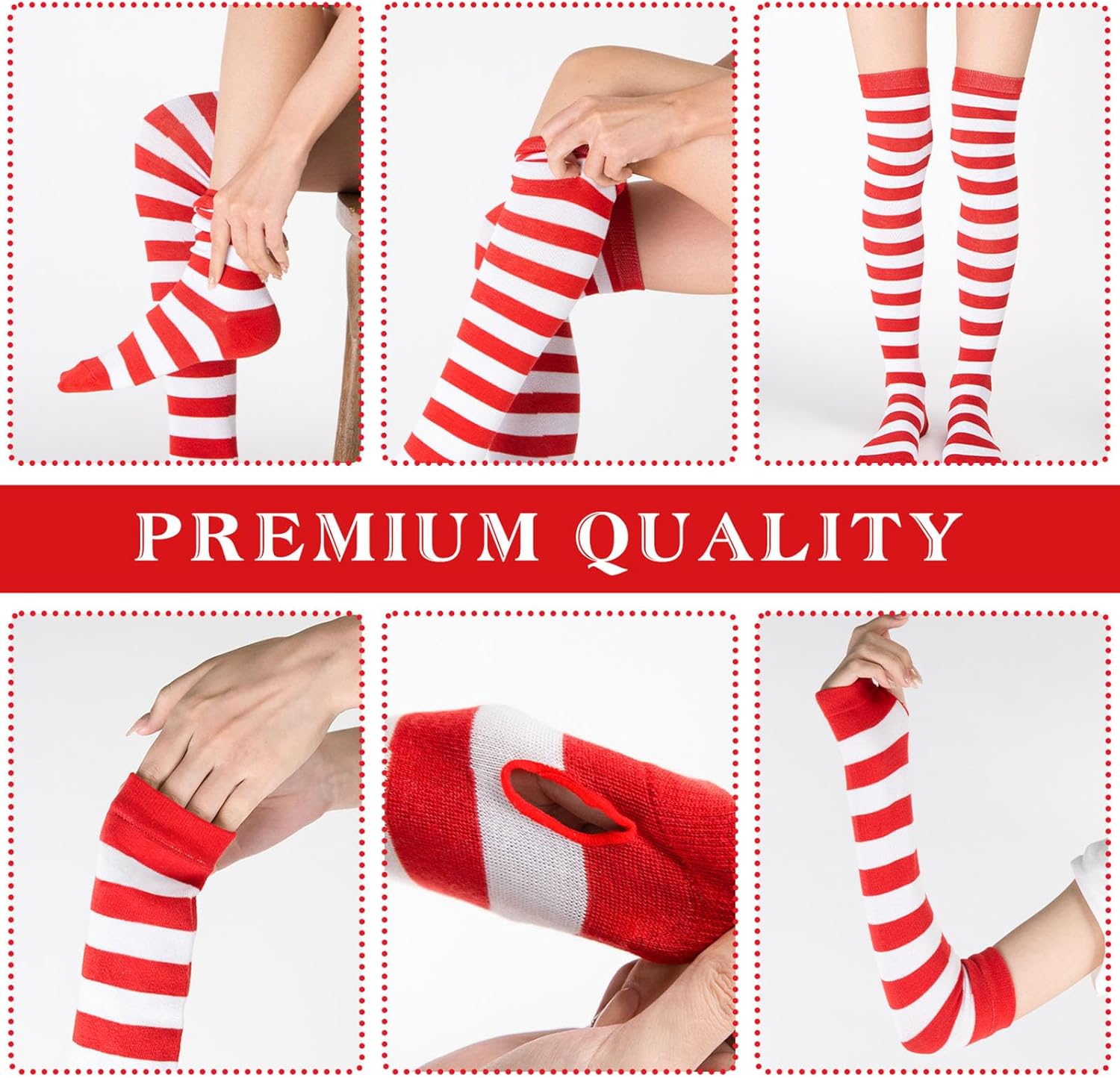 MCPINKY Red and White Striped Socks, Including Candy Cane High Knee Socks Long Arm Warmer Gloves, 2 Pair Crazy Outfits for Girls Women Holiday Themed Party Cheerleading Sports Costume - Image 2