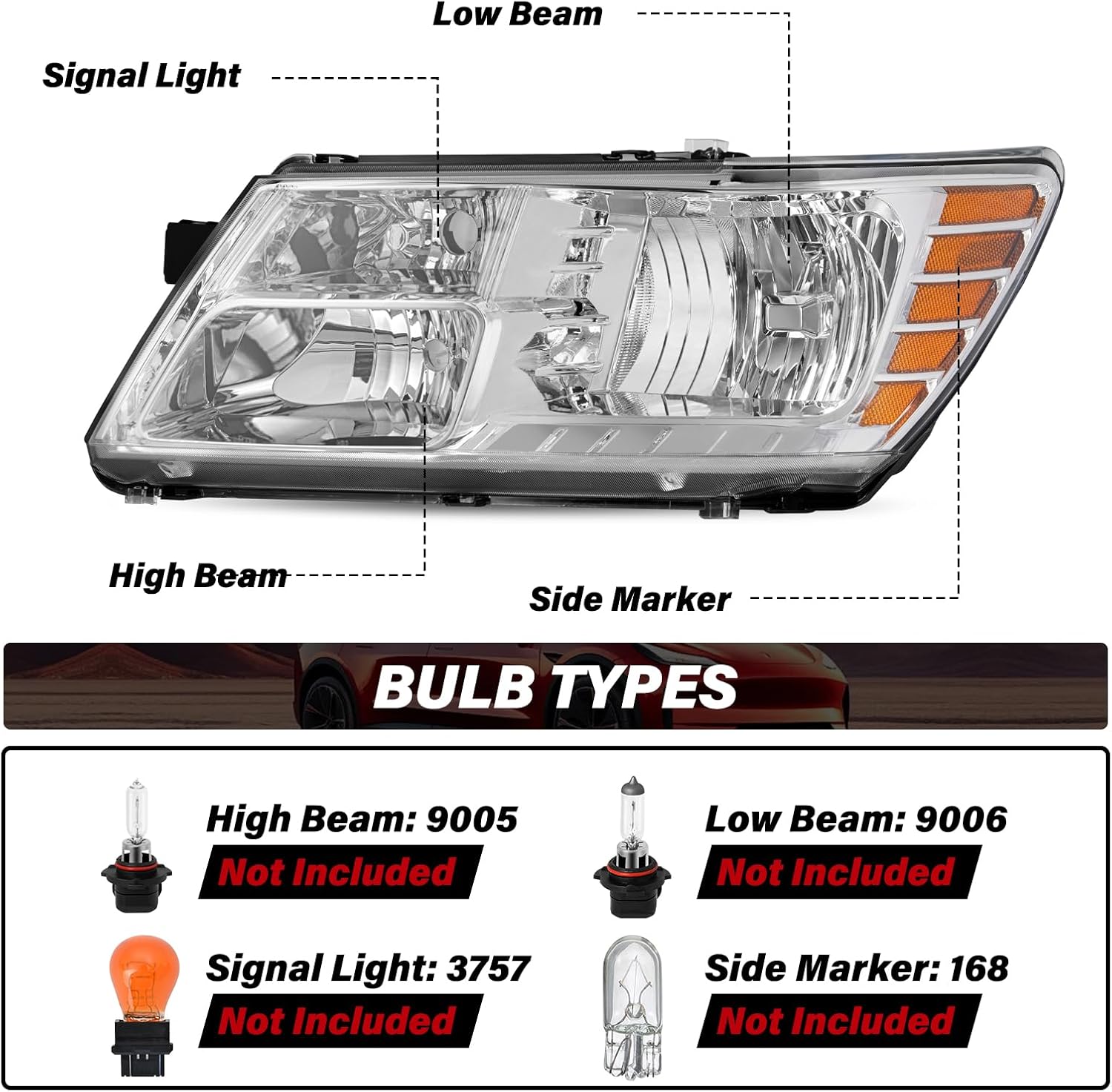 Bingbingmotor BRYGHT Headlight Assembly Fit for 09-20 Dodge Journey Passenger and Driver Side Halogen Replacement OE Headlamp Chrome Housing with Amber Reflector