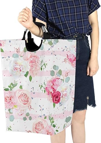 Miniatura 7 de Cesta de lavandería con diseño de rosas rosas, portátil, plegable, organizador de ropa con asas, bolsa de almacenamiento para habitación de niños y