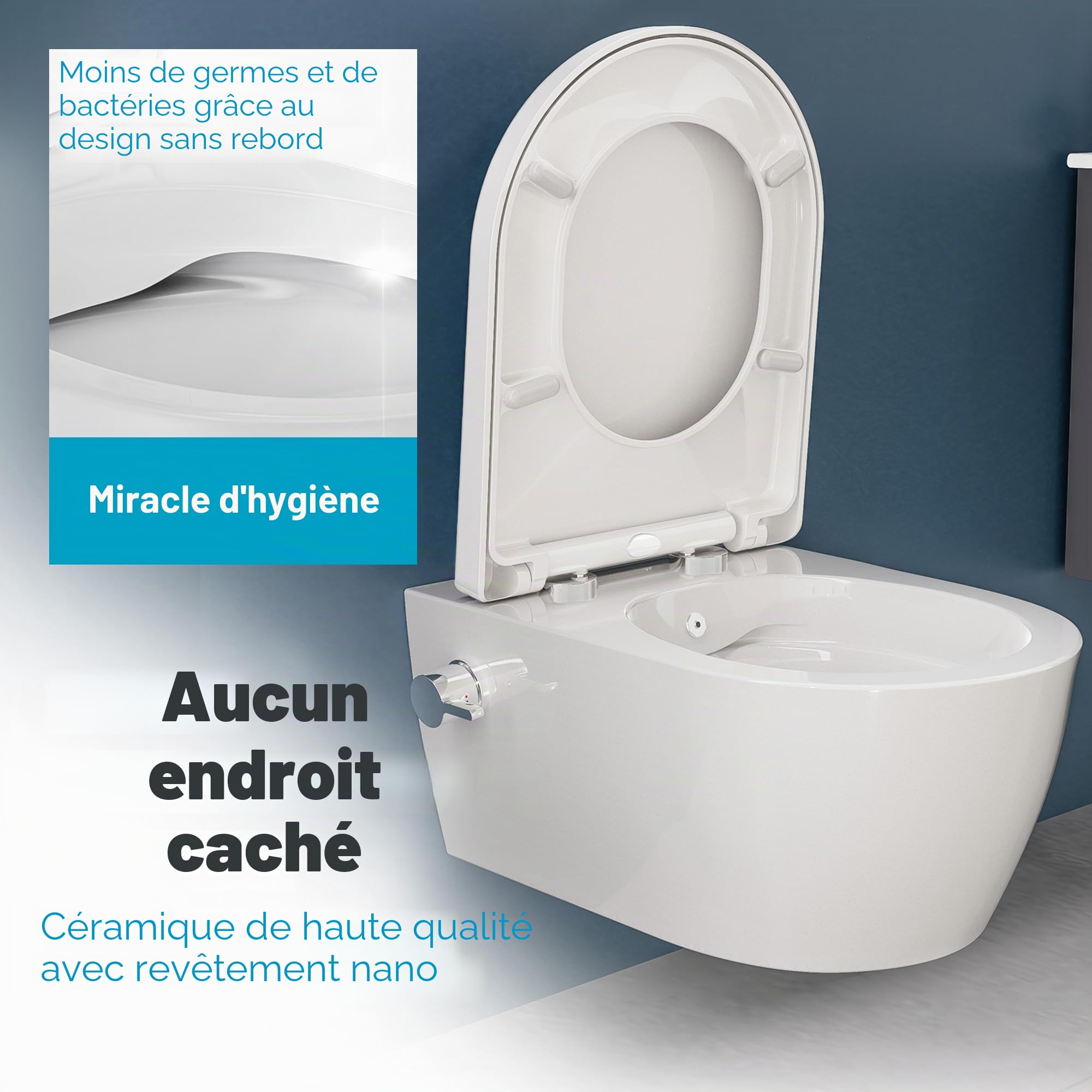 SSWW WC Taharet - Avec Robinetterie et siège amovible Softclose | Douche WC suspendu | WC avec fonction bidet | Hygiénique | Alpha sans bord | 540 x 360 x 330 mm