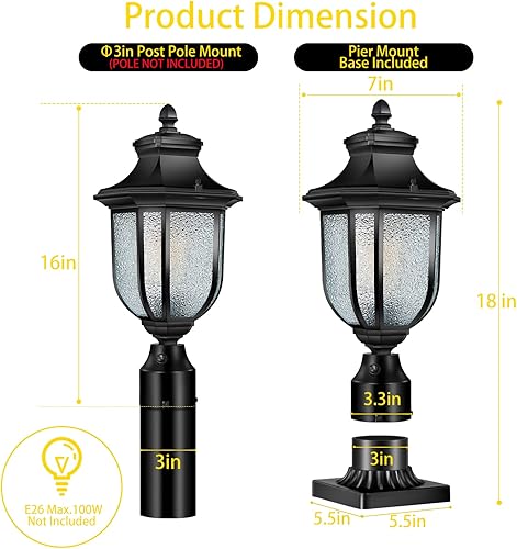 Miniatura 6 de Luces de poste para exteriores del anochecer al amanecer, cableado de 120 V con base de montaje en muelle, linterna de poste antioxidante, lámpara