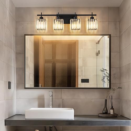 Miniatura 4 de Luces modernas de tocador de baño de cristal de 28.2 pulgadas, 4 luces de pared negro mate, accesorios de iluminación de baño sobre espejo, 4 luces