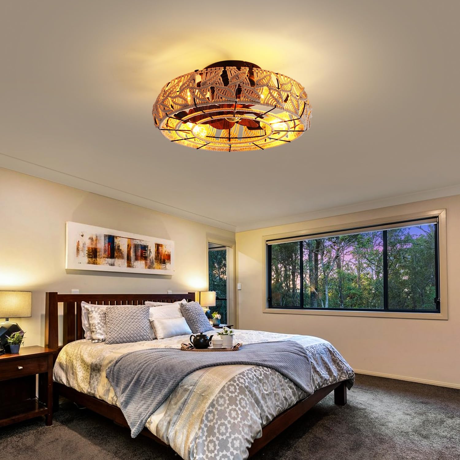 Boho Caged Ceiling Fans with Lights and Remote 20" Flush Mount 6-Speed Reversible Enclosed Low Profile Handmade Cotton Rope Ceiling Fan with Light 4 Bulbs,for Bedroom, Living Room, Kitchen