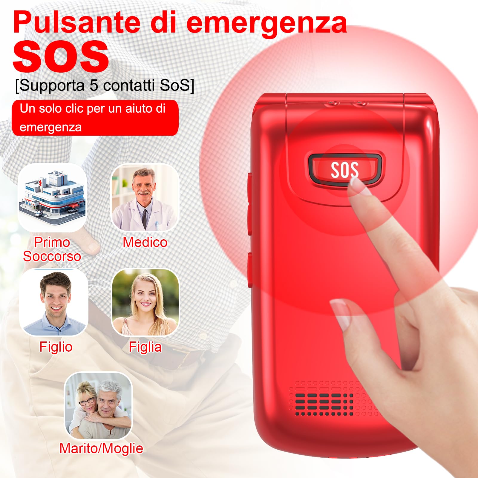 CHAKEYAKE 4G Telefono Cellulare per Anziani,Dual SIM, Flip Telefoni Cellulari con Tasti Grandi, Funzione SOS, Volume alto, 2.4"+1.77" Doppio Display, Torcia, Base (Rosso)