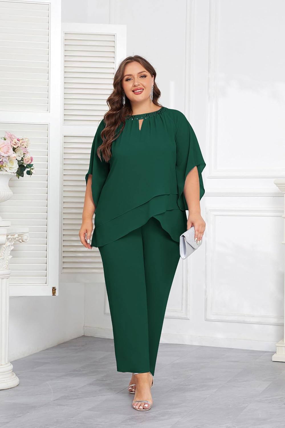 Hanna Nikole Mother of Bride Pant Suits Plus Size Half Sleeve 2 Piece Chiffon Pantsuit Formal Wedding Guest Outfit - Image 2