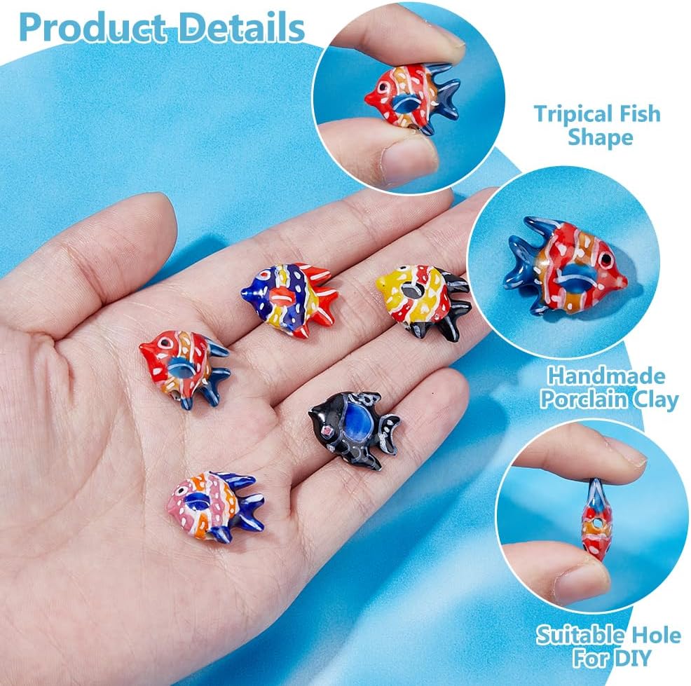 22Pcs 11 Colors Tropical Fish Porcelain Beads Ocean Fishs Loose Spacer Glazed Beads Handmade Porcelain Marine Beads Ceramic Fish Beads with Hole forJewelry Making Crafts DIY