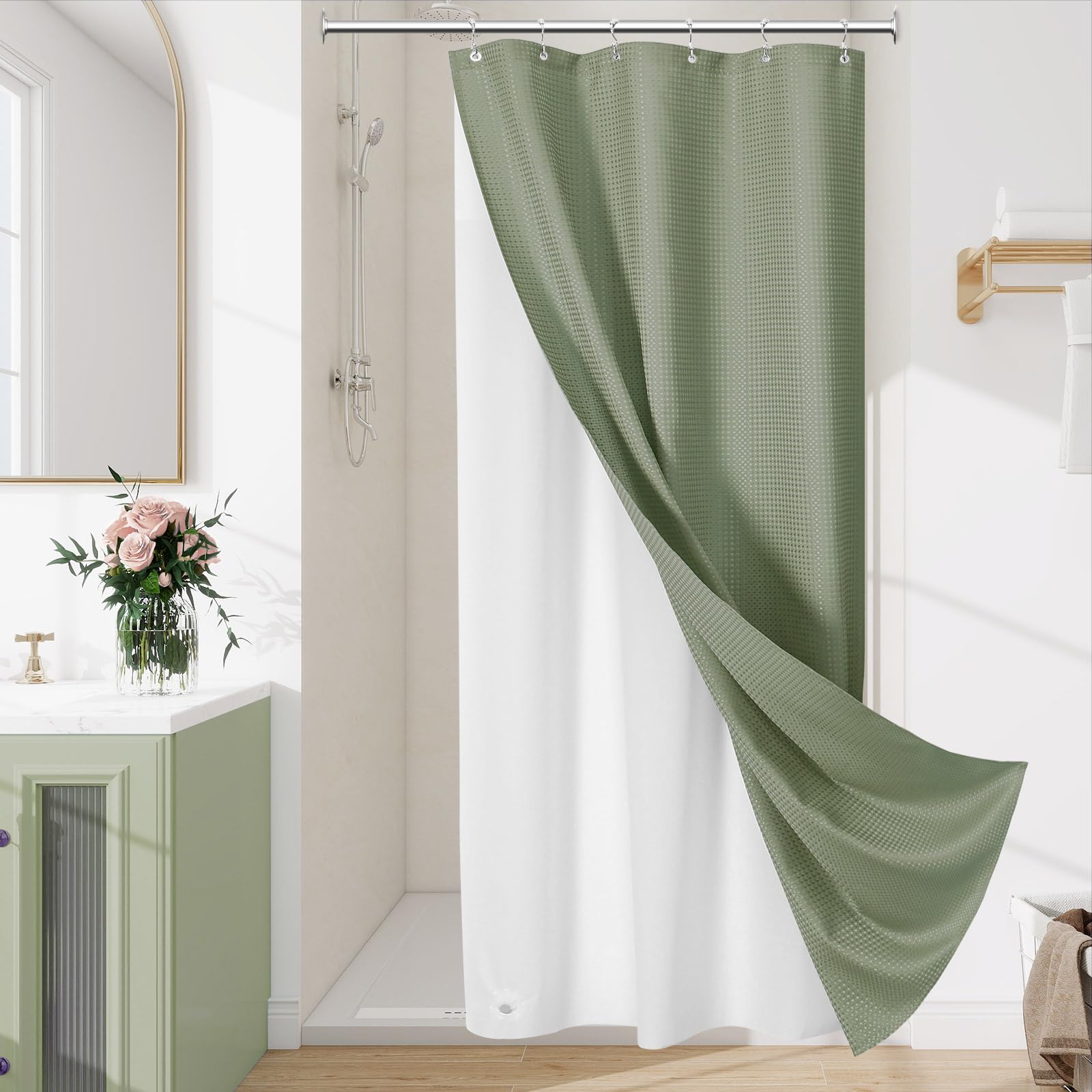 3 in 1 Sage Green Shower Curtain Set with PEVA Liner & 6 Hooks, 36 x 72
