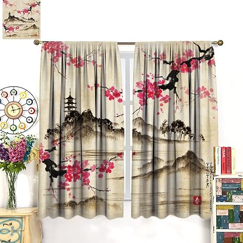 Miniatura 3 de Cortinas opacas con diseño de cerezo en flor de cerezo, estilo retro tradicional japonés, paisaje de montaña y lago, decoración del hogar, sala de