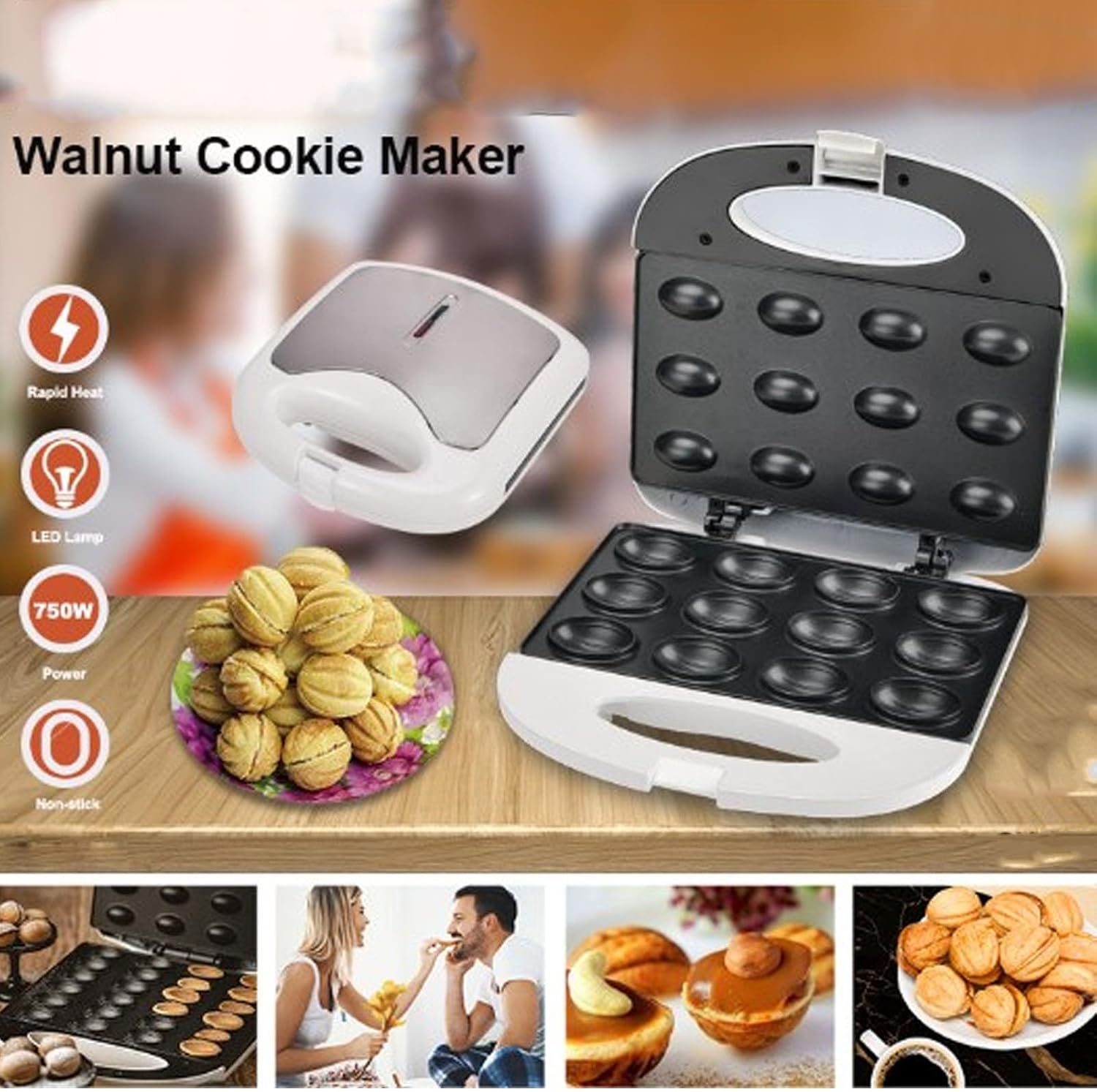 Walnut Cookie Maker, 750W Electric Walnut Cookie Maker Oreshnitsa Maker, Non Stick Nut Waffle Maker, Walnut Cookie Maker for Breakfast, 12pcs Capacity