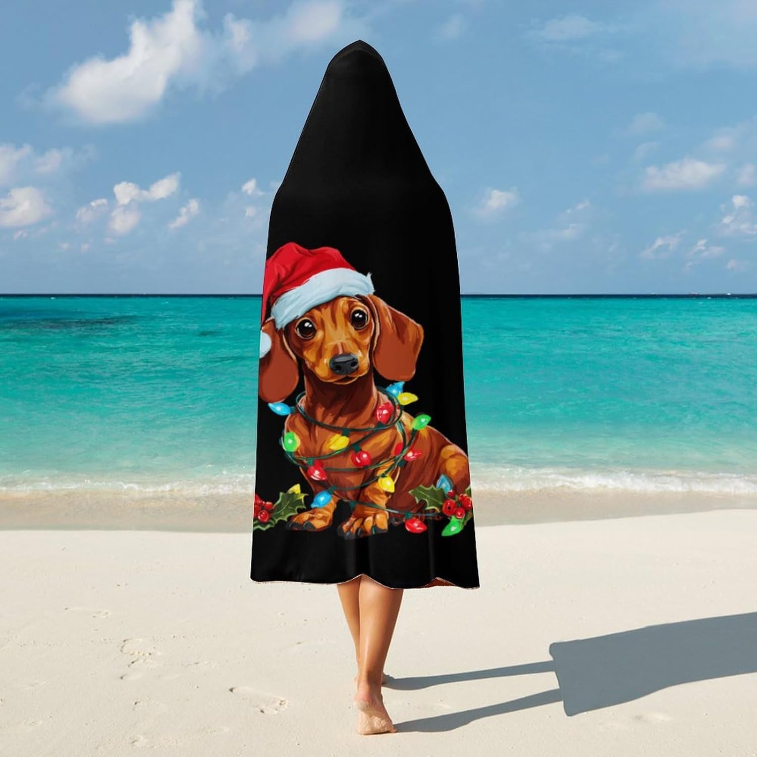 Merry Christmas Dachshund Dog Wearable Blanket Oversized Throw Cape | Cozy Hooded Blanket Gifts for Women Men