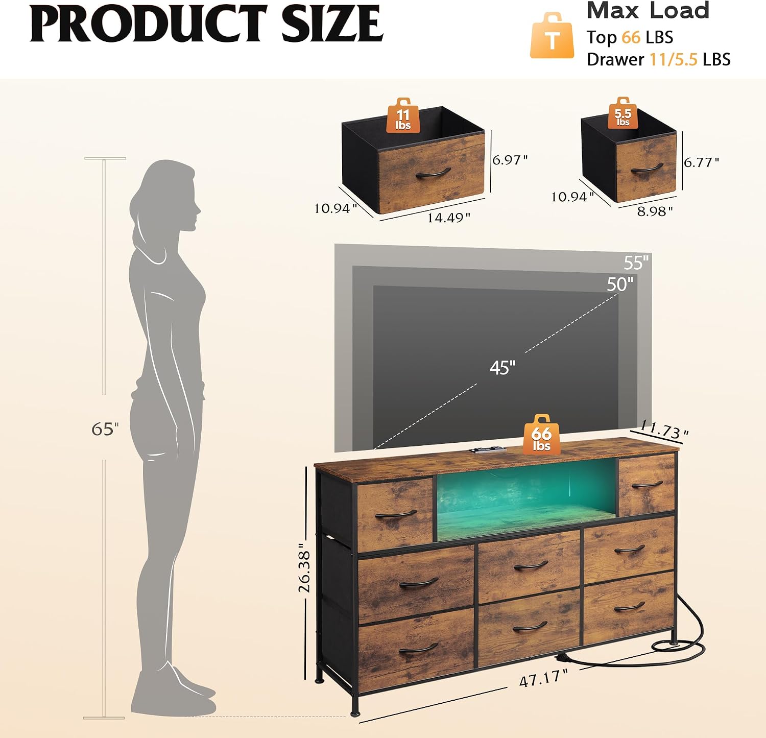 WLIVE LED Dresser TV Stand for 55 Inch TV, 8 Drawers, Rustic Brown 4 71P6sLLf1RL. AC SL1500