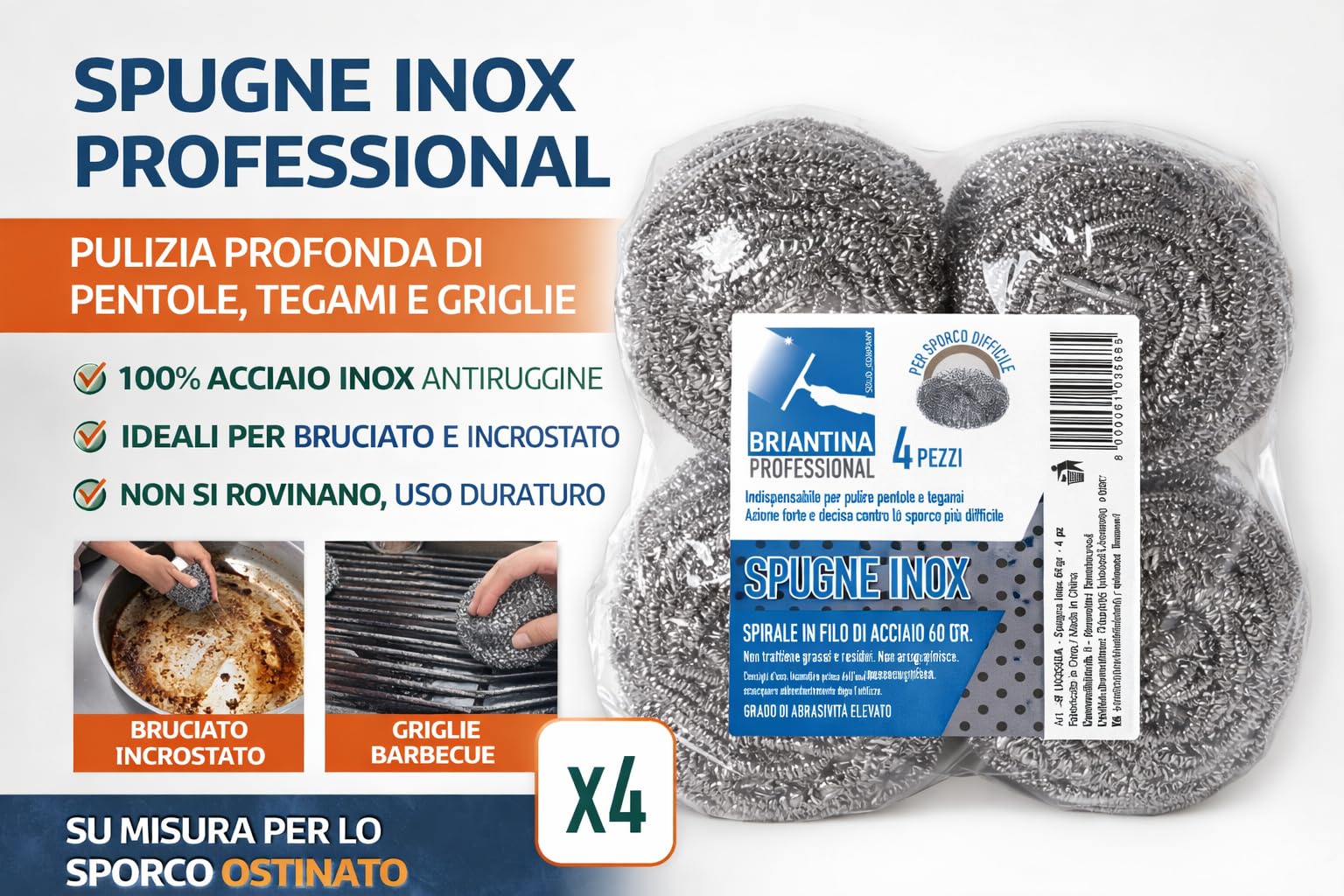Spugne Inox Professionali in Acciaio Antiruggine 60 g – Confezione da 4 Pagliette Acciaio Abrasive per Pentole, Tegami, Griglie e Barbecue – Lana d’Acciaio per Pulizia Sporco Incrostato e Bruciato,
