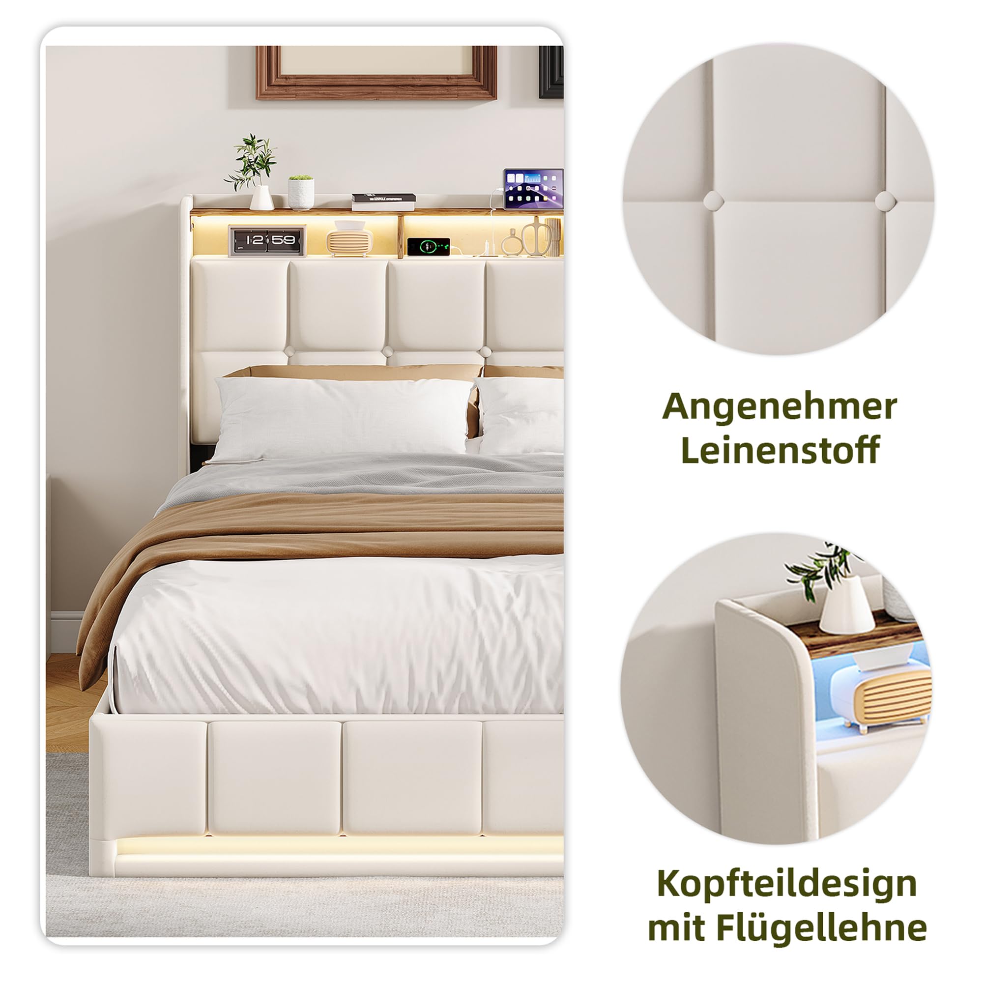 Cama con cajón 140 x 200 con LED, cama de matrimonio tapizada con somier de listones y compartimento de almacenamiento, cabecero doble, cama de matrimonio para adultos y adolescentes, sin