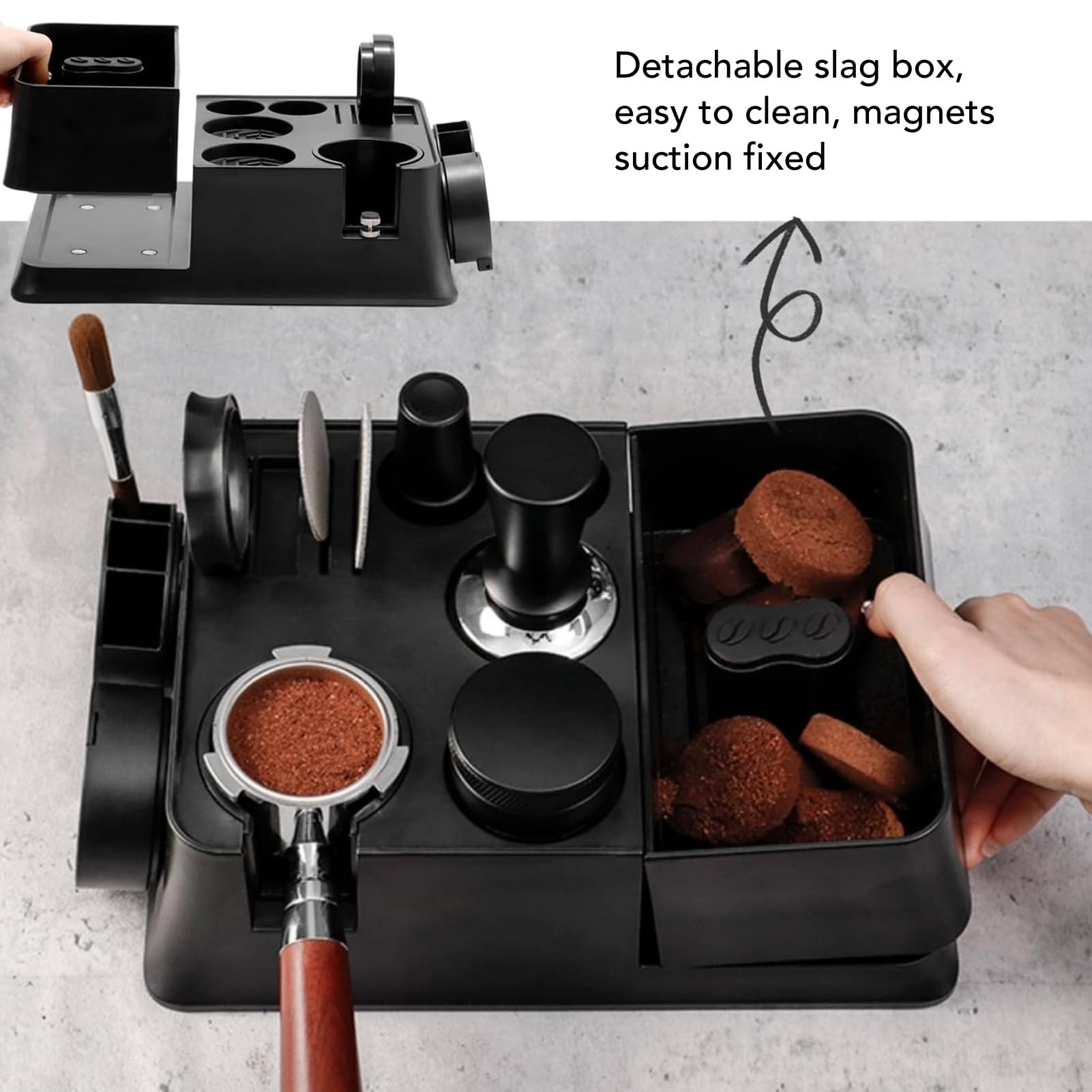 Kaffee-Organizer-Box mit Tamper-Halter, multifunktionale Tampierstation, 12-in-1-Aufbewahrungsbox für Kaffeezubehör mit Griffen für 51, 53 und 58 mm, kompakter ABS-Organizer für