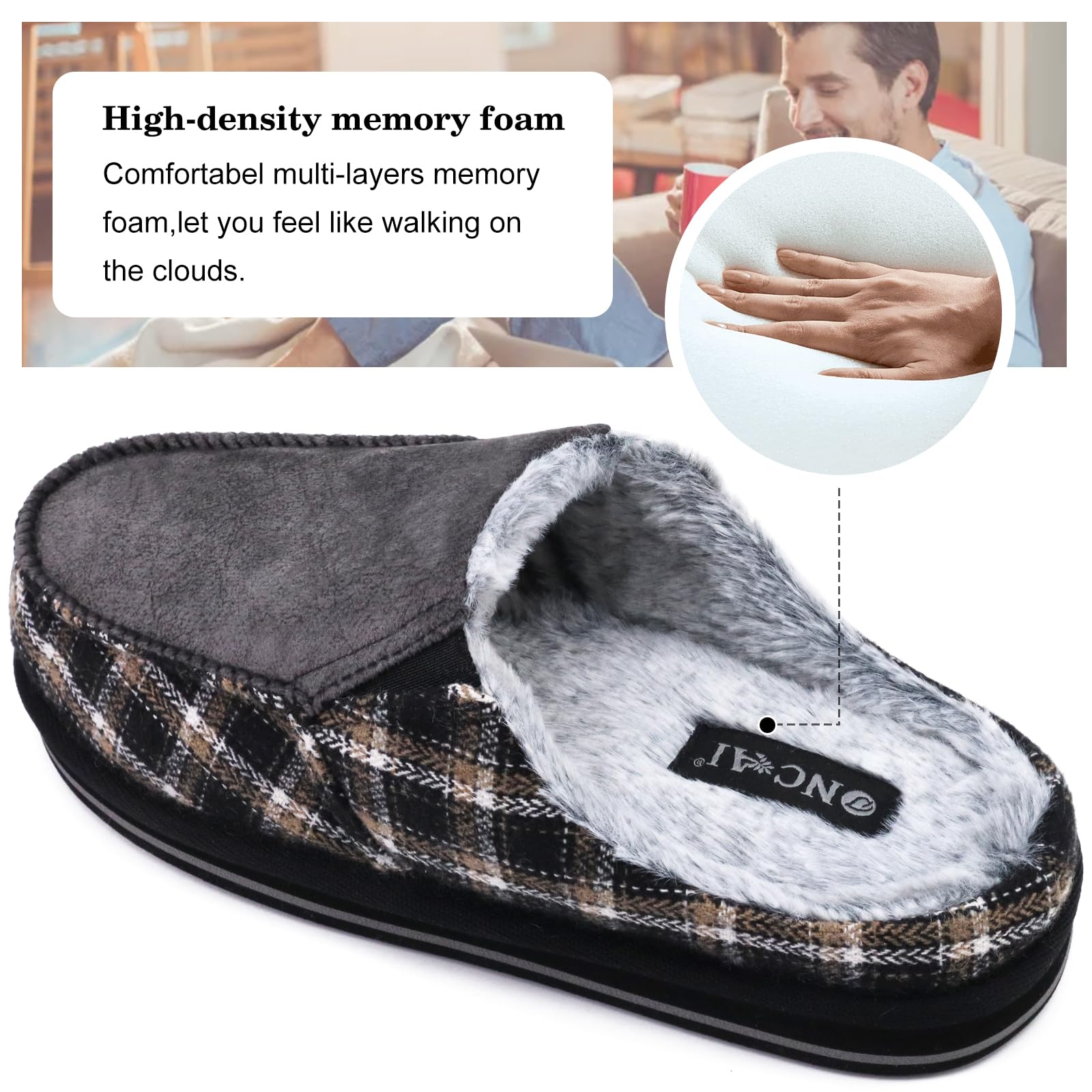 ONCAI Pantofole da Uomo in Comfort Pelo Cotone Strisce Ciabatte da Casa in Lana con Memory Foam Supporto Arco Suola in Gomma Taglia 40-50