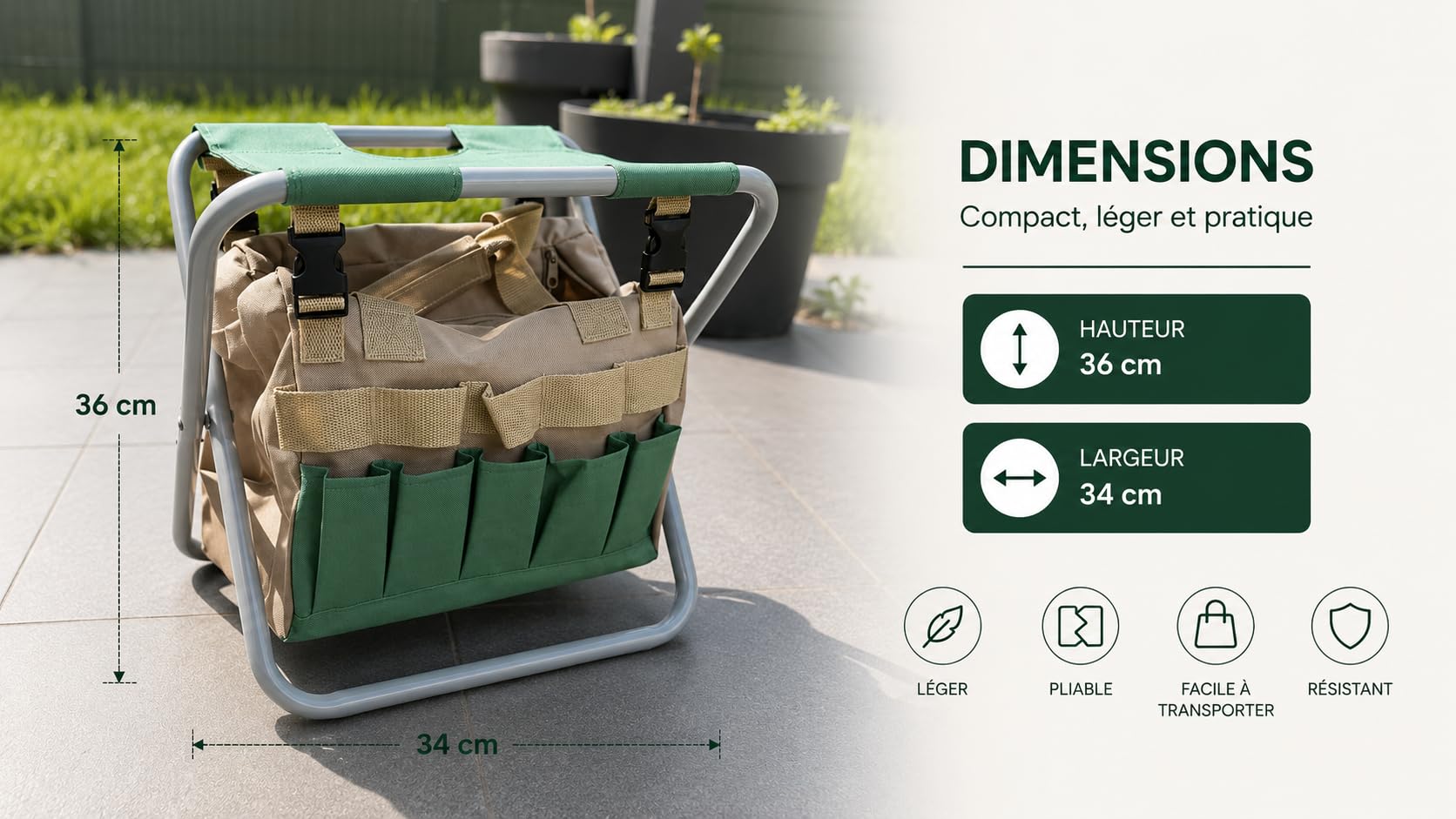 Kit Jardinage Ergonomique Verdorin – Tabouret Pliant + 12 Outils Acier Inoxydable + Sac + Gants + Genouillères – Jardinez sans Douleur au Dos ni aux Genoux