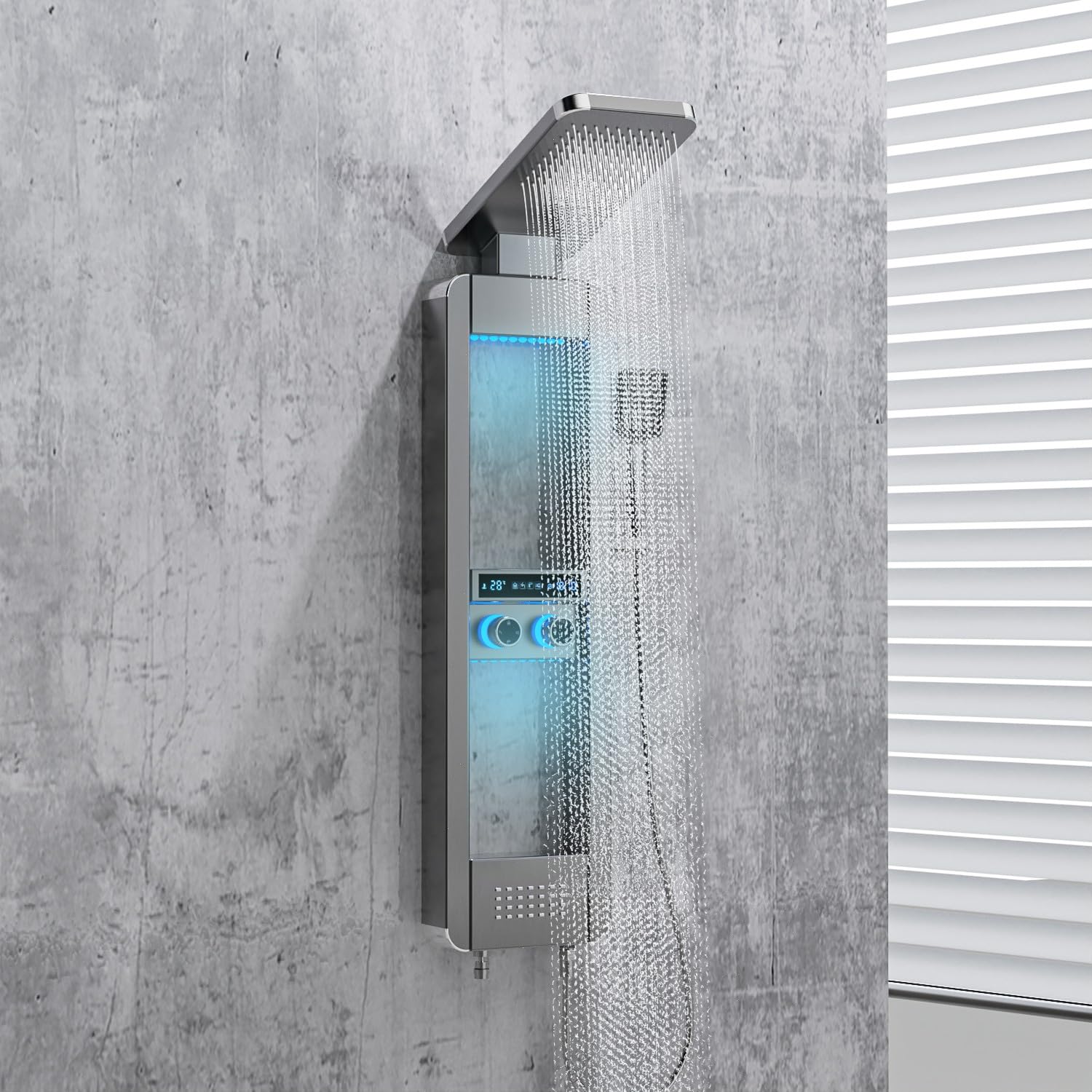 ELLO&ALLO LED Rain Shower Head and Rain Massage System with Body Jets Stainless Steel Bathroom Shower Panel Tower System with Shelf, Brushed Nickel and Chrome