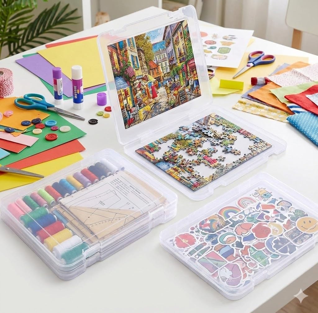 6 Pack Slim Project Case, 12" x 9" Plastic File Storage Box with Snap Latch, Portable Clear Document Organizer for A4 Papers, Photos, Magazines, Board Games & Puzzles - Stackable Scrapbook Container