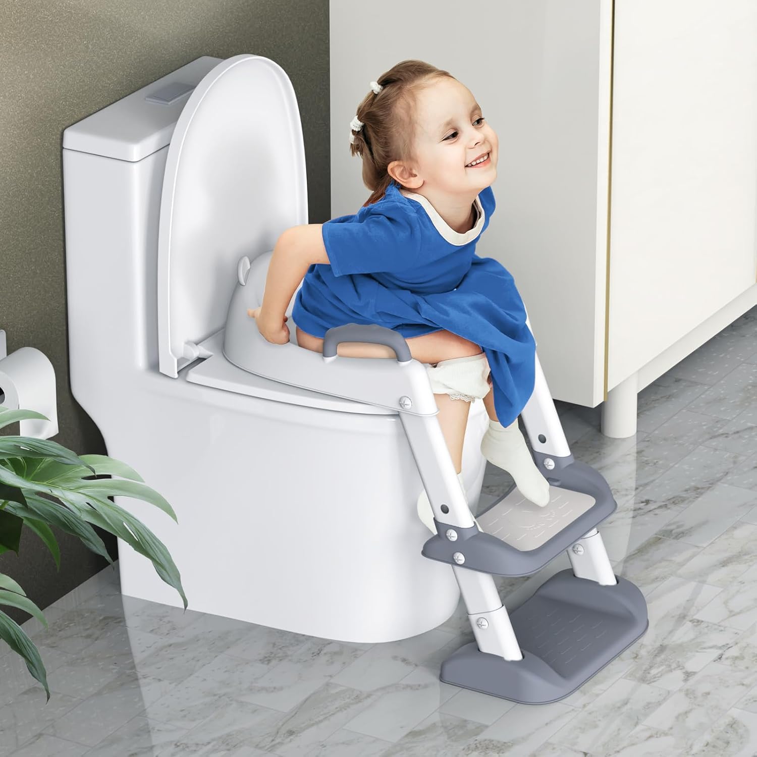 HBTower Toilettensitz Kinder mit Treppe, WC Aufsatz für Kinder für Jungen und Mädchen, 2-in-1 Toilettentrainer mit Treppe, Höhenverstellbar Bequemer Sicherer Toilettensitze, Tritthocker für Kinder