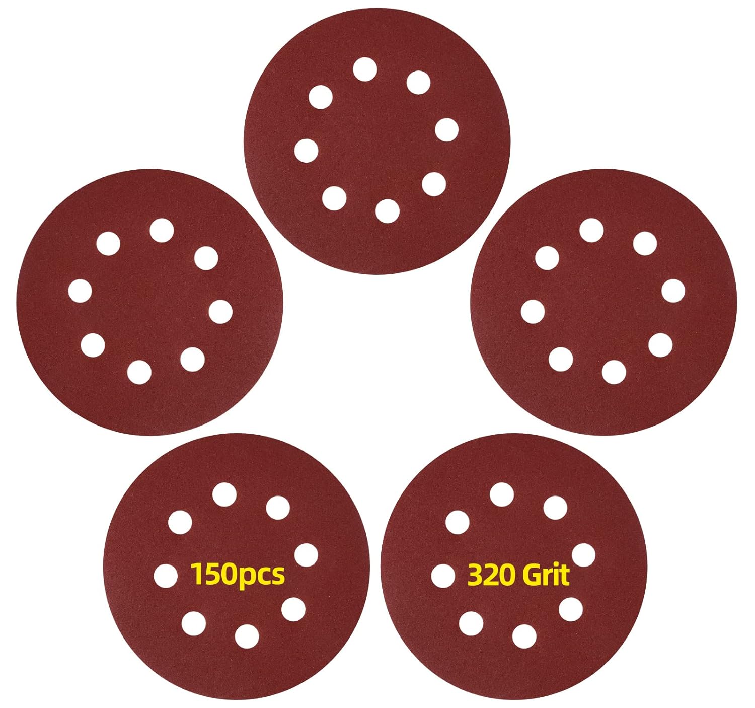150 PCS 5 Inch 8 Hole Hook and Loop Sanding Discs 320Grit Random Orbit