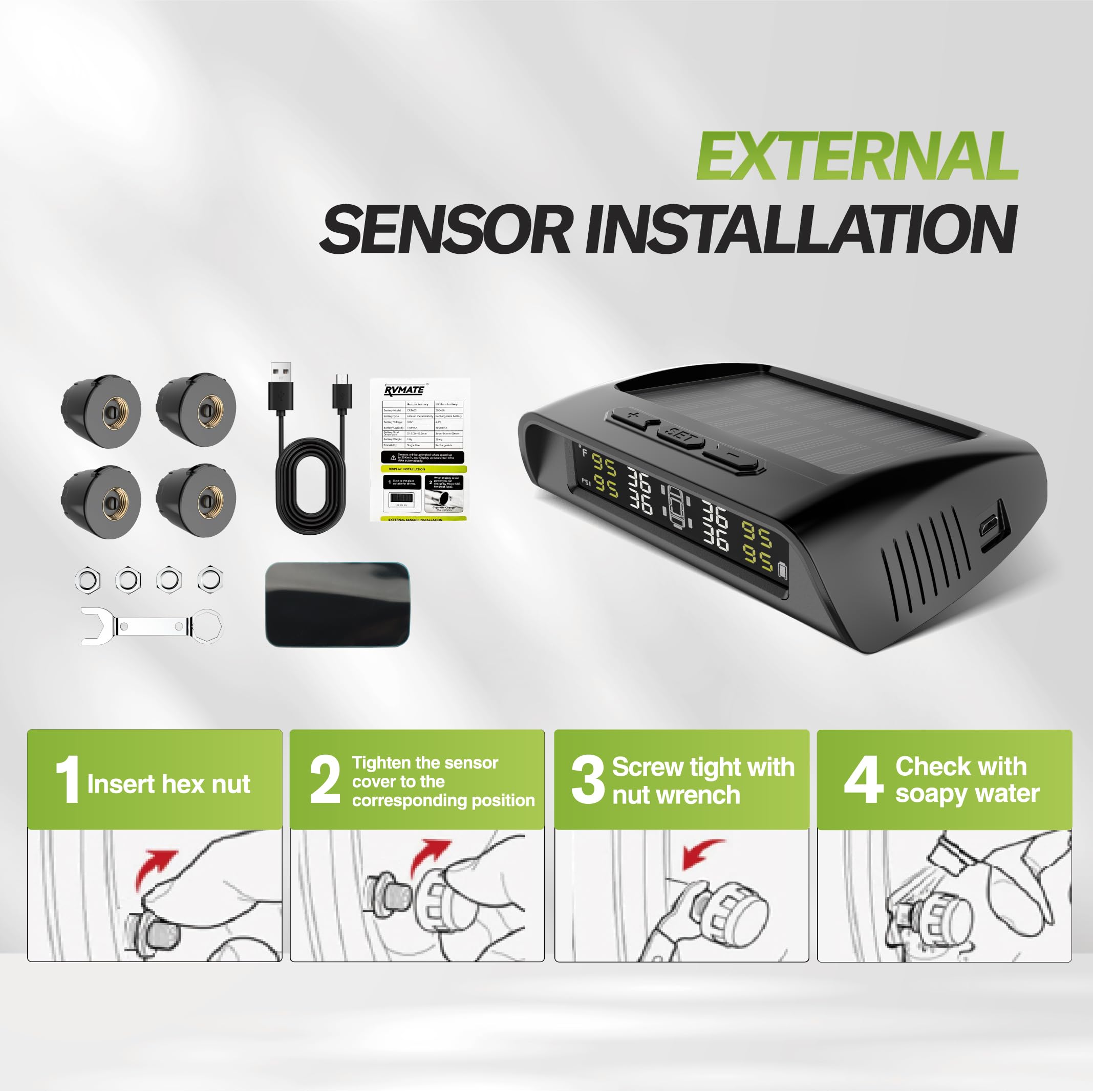 RVMATE Sistema di monitoraggio della pressione dei pneumatici RV con la carica solare, sensori TPMS 4 | 6 modalità di allarme, 0-87 psi, ideale per camper, rimorchi, camion e SUV