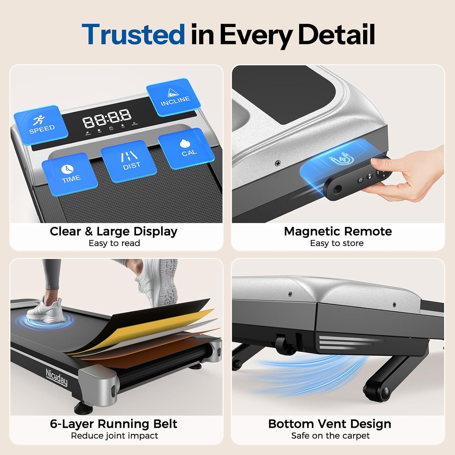 Niceday Walking Pad Under Desk with 10% 9-Level Auto Incline, 3HP Super Quiet Under Desk Treadmill for Home Office, Compact Treadmills for Home Hiking, 400 LBS Capacity, Magnetic Remote & Preset Goals