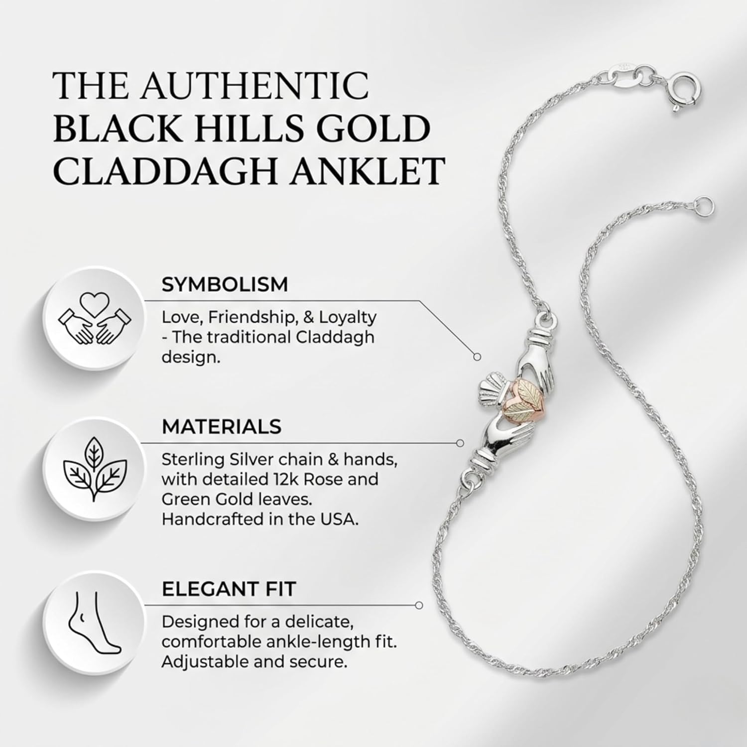 Black Hills Gold Sterling Silver Claddagh Ankle Bracelet, 12k Green and Rose Gold Accents, Adjustable Tri-Color Anklet for Women, Multiple Length Options